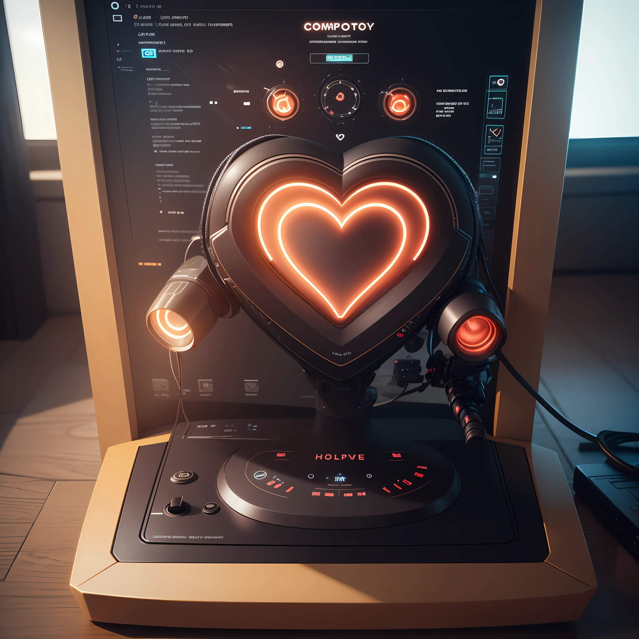 close-up of beautiful heart-shaped device, computer rendering inspired by John Lavier Wheatley, trending on polygraph, holography, joytoy, toonami, Joseph Todorovic, rendered in Keyshot, Tony Sandoval. 8K realistic, cinematic overhead light, cartoon keyshot render, futuristic typography --auto