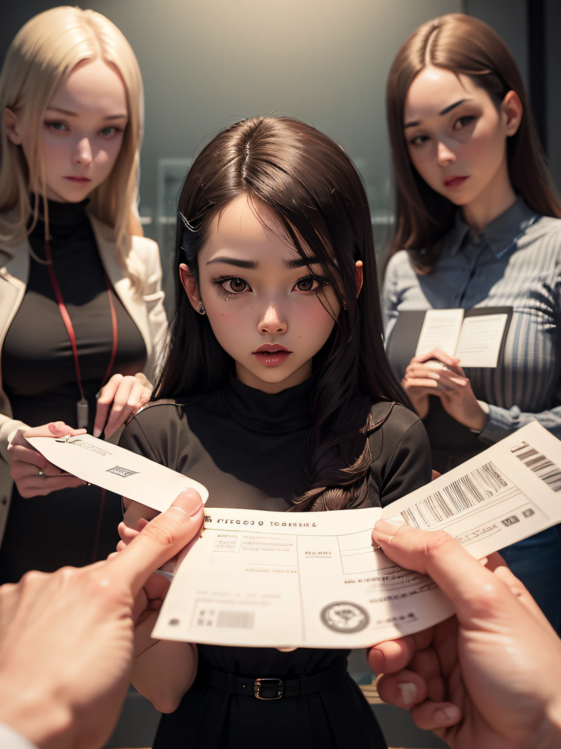 a person holding a sealed envelope, symbolizing privacy. Around her, including several gossipy people, represented by figures with exaggerated eyes and mouths, whispering and spreading information. A person holding the envelope demonstrates trust and control, protecting their privacy from the gossipers depicted around. This image symbolizes the importance of staying away from gossipy people to preserve your privacy and prevent the unwanted spread of personal information. --auto
