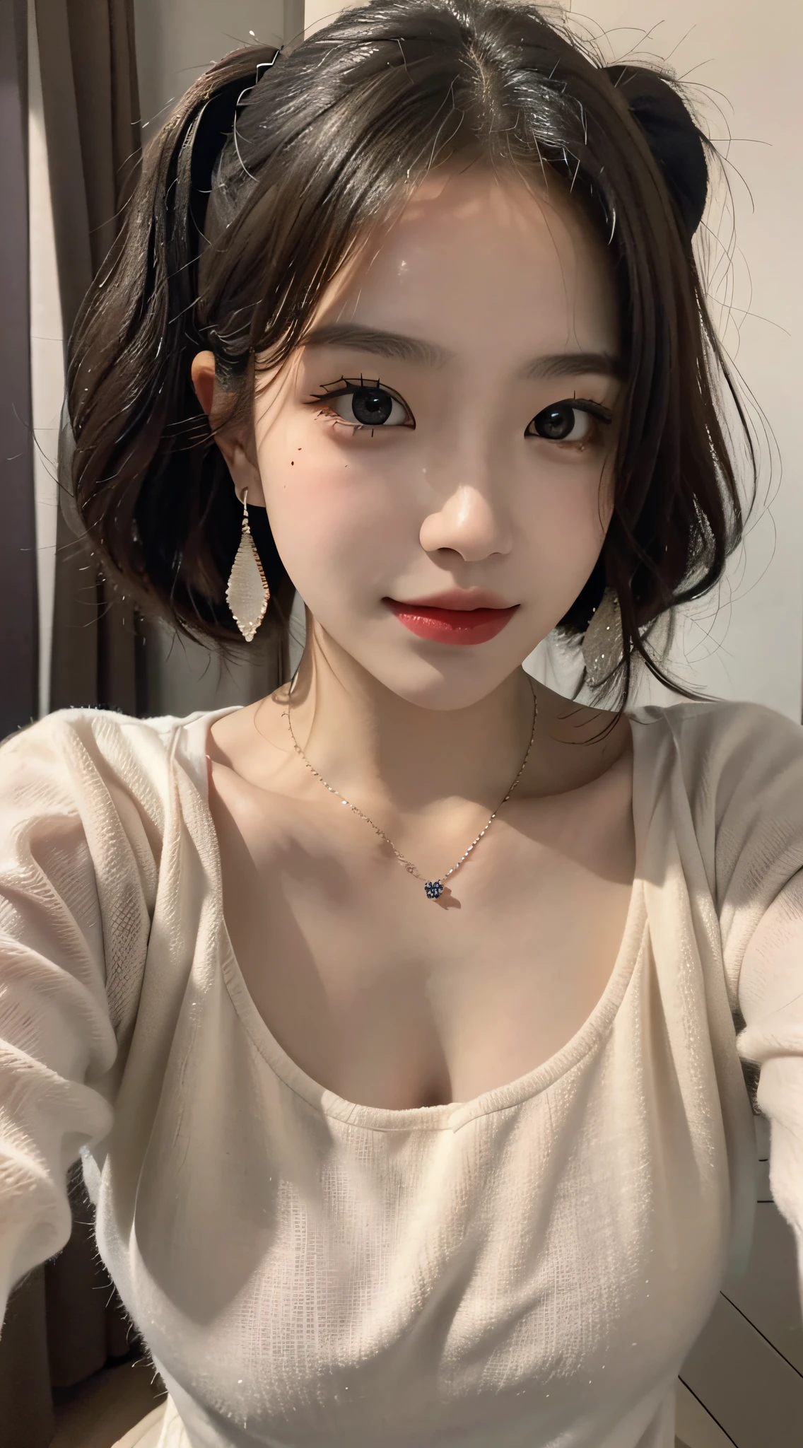 (Obra-prima), the best quality t,8K resolution,Real person,Real people,A beautiful girl wearing a white tight t-shirt and black yoga pants。She wears a necklace,There is a beauty mole under the corner of the left eye,Perfect figure。Her face is depicted in great detail,Black hair coiled into double ponytails,There is also a bunch of diagonal bangs on the forehead。Her makeup is exquisite,Red lips are oily,Thick eyelashes,Paired with shiny silver-toned earrings,Her big bright eyes accentuate her charm。The whole picture seems to be inspired by cinematic lighting,Show the image of a cute girl。
This is a masterpiece,high attention to detail,The picture is colorful,The light and shadow details are just right。This extremely delicate beautiful girl takes a selfie with her mobile phone,Be outdoors。She has supple and fair skin,The delicate facial features make up the perfect face,Beautiful looks。The paintings present realistic details in detail,It is as if you can feel her presence。
This work is highly realistic and realistic,And shows the beauty of details,A stunning masterpiece。