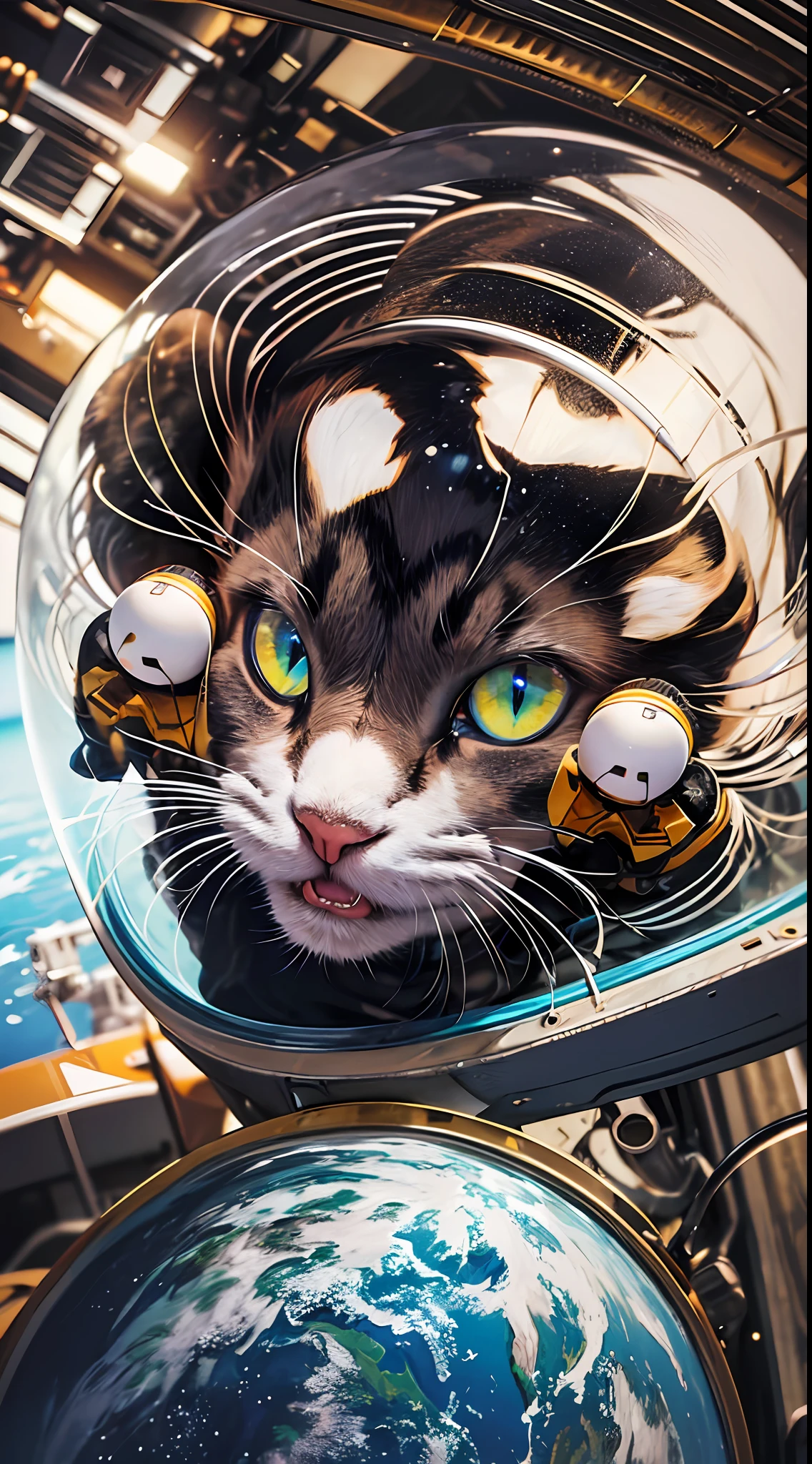 close-up photography of (Puppet Cat:1.2) (Walk in space:1.2),(c4ttitude:1.3),Inside the aircraft,hyper realistic,intricate detail,scifi,personification,Surprised,(wearing a spacesuit),(wearing an aerospace hat),in outer space,Touch water drop,gravity-free space,