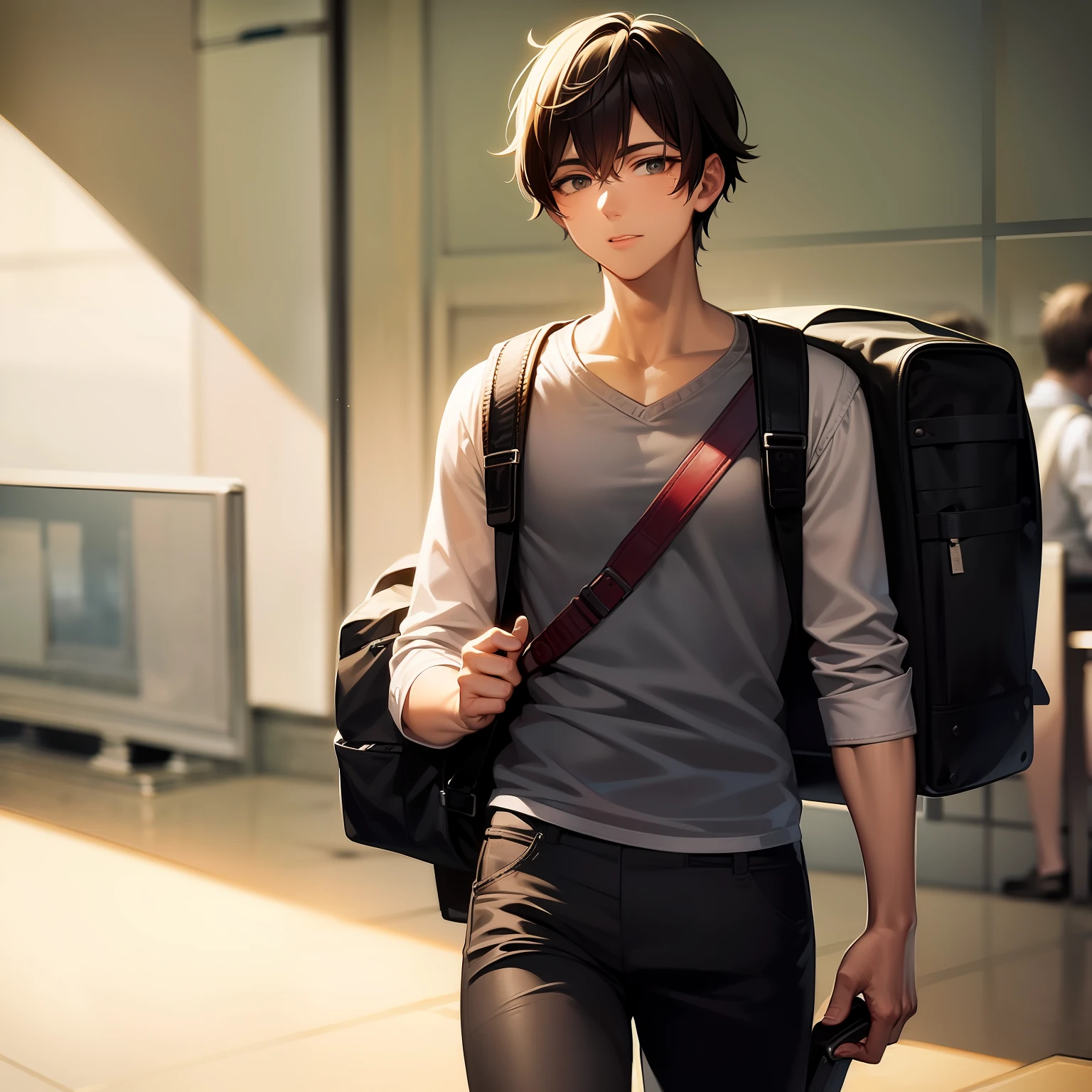 ((Best Quality, 8K, Masterpiece: 1.3)), a male of about 30 years old, researcher, carrying a large backpack and short black hair