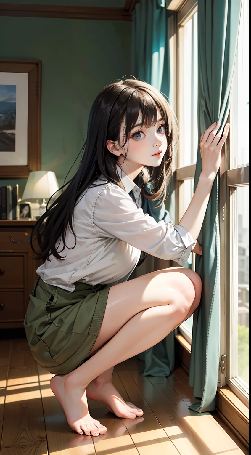 ((masterpiece)), best quality,1girl, curtains, barefoot, window, long_hair, solo, indoors, black_hair,