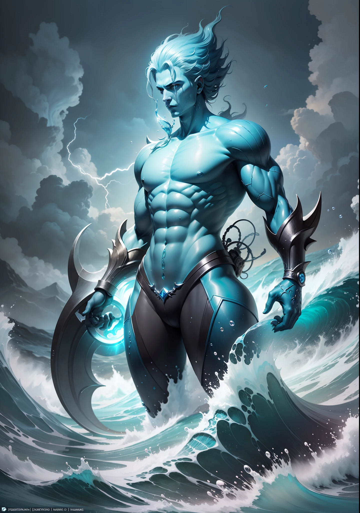4k realism, (water element, humanoid body made of water: 1.2) sapphire aesthetic, full body, sky background, fantasy art, made of water, body of water, monster, male, male element, masculine, double exposure of otherworldly seascape, fused with the image of Neptune's trident piercing the surface of the water, creating dramatic energy and waves, palatial figures of gods towering in the background, evoking a sense of power and control over the power of the sea, illustrations, digital art