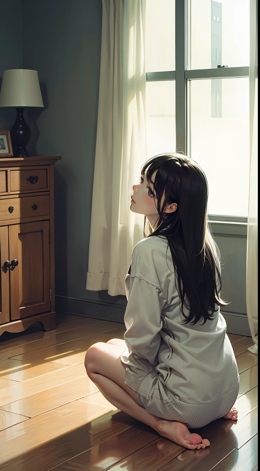 ((masterpiece)), best quality,1girl, curtains, barefoot, window, long_hair, solo, indoors, black_hair,