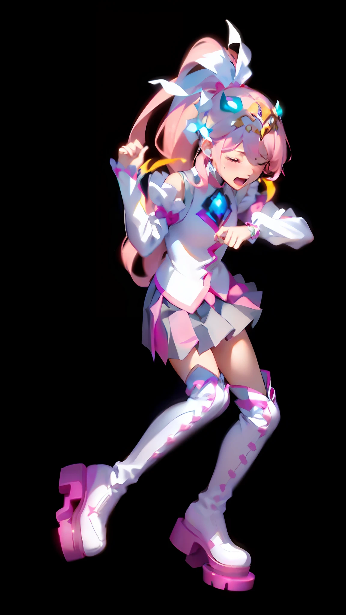 "((Lora+QuickHand: 1.2), (Masterpiece: 1.5), (Best Quality: 1.5), 8K resolution, (Perfect Hand: 1.5), a girl's beautiful expression of closing her eyes and being beaten and crying, (open mouth: 1.2), (pink hair: 1.3 + single ponytail), (white top: 1.2), (pink pleated skirt: 1.2), (pink over-the-knee socks: 1.2), (white boots: 1.2), (no background: 1.5), ( Slender legs: 1.2)), right light source"