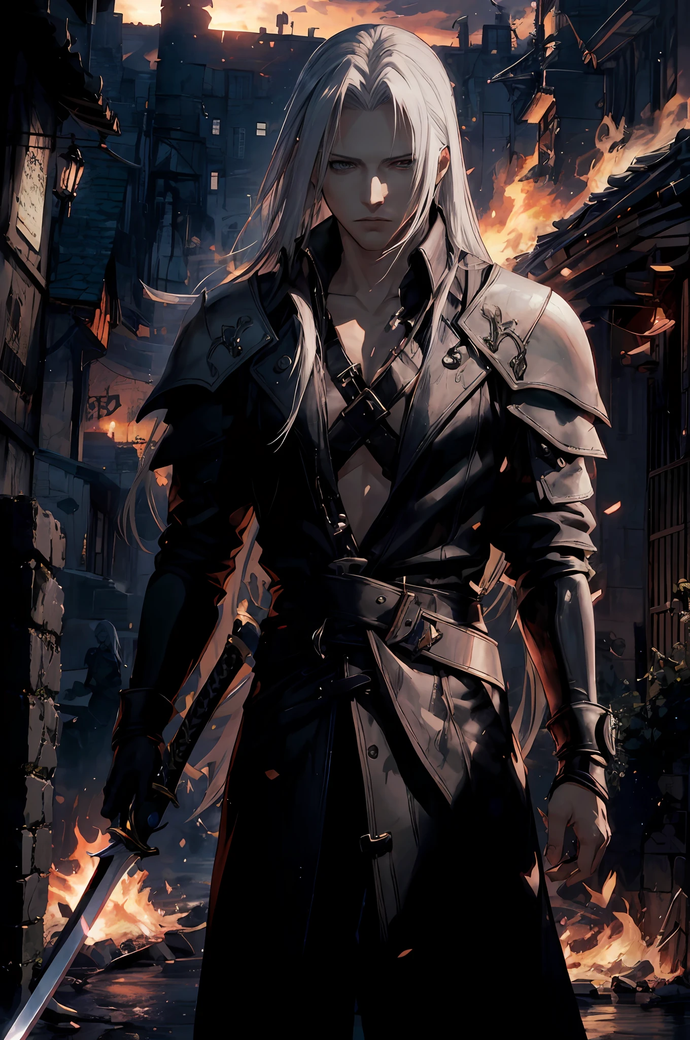 a close up of a person holding a sword in a city, sephiroth, a photo of sephiroth, thancred waters in style of wlop, sephiroth from final fantasy, thancred waters, johan liebert mixed with alucard, from final fantasy, badass anime 8 k, final fantasy character, by Yang J, from ff7