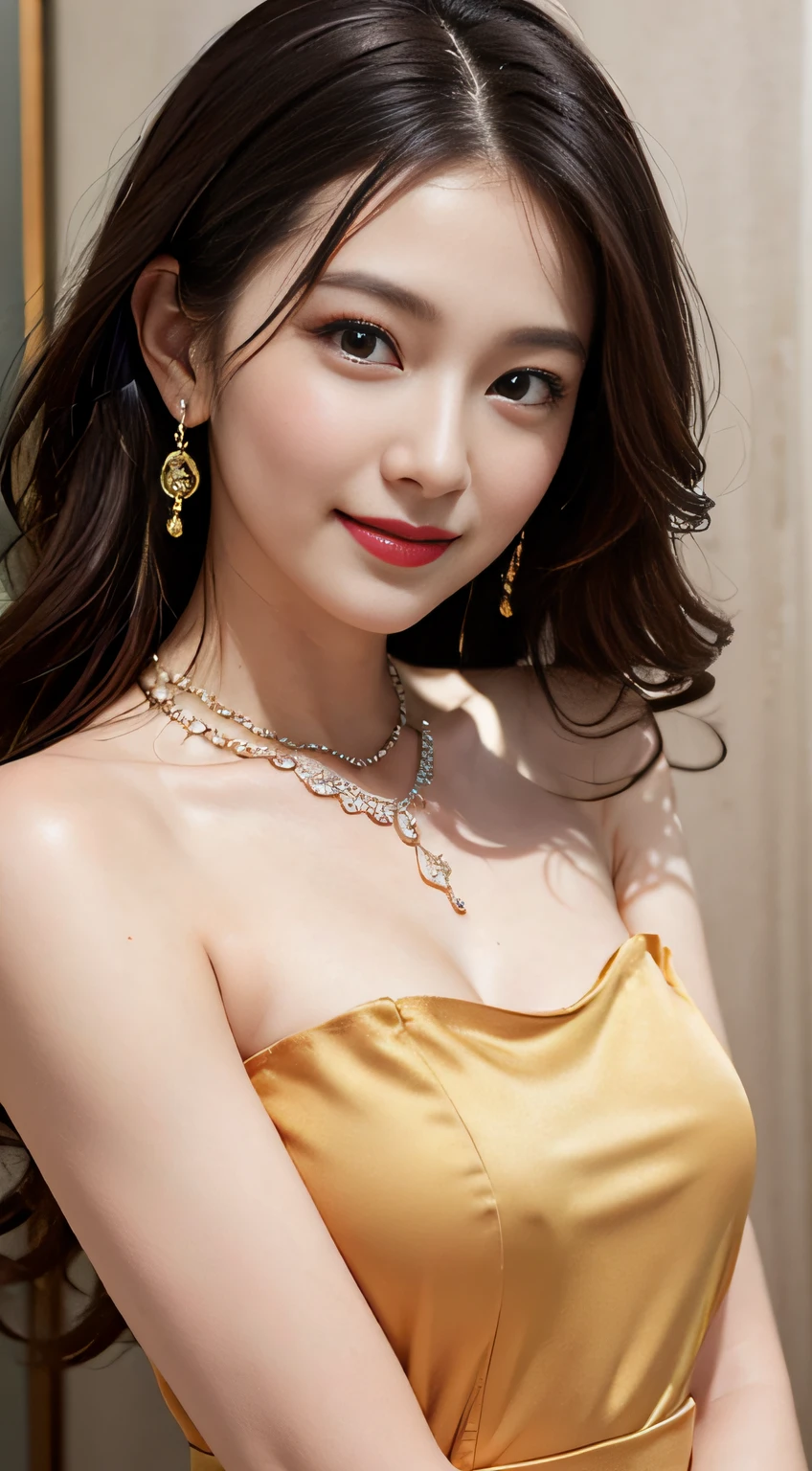 Real people, highest image quality, masterpiece, exquisite CG, highest resolution, ultra-clear picture quality, delicate facial features, peerless beauty, delicate and beautiful facial features, cute girl, red wavy curly hair, bow hairpin, oily red lips, sweet smile, smile, smile without teeth, delicate skin, shiny, moisturized skin, blushing face, pure, close-up, single, necklace, earrings, not exposed, dynamic action, (gorgeous long dress with round neck), skirt full of lace, bust, Rating: Safe
