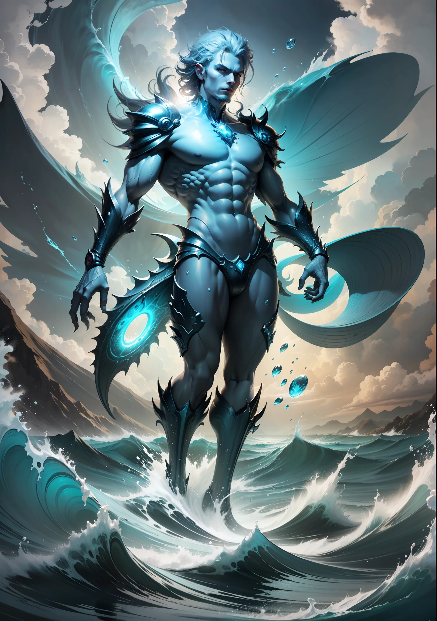 4k realism, (water element, humanoid body made of water: 1.2) sapphire aesthetic, full body, sky background, fantasy art, made of water, body of water, monster, male, male element, masculine, double exposure of otherworldly seascape, fused with the image of Neptune's trident piercing the surface of the water, creating dramatic energy and waves, palatial figures of gods towering in the background, evoking a sense of power and control over the power of the sea, illustrations, digital art