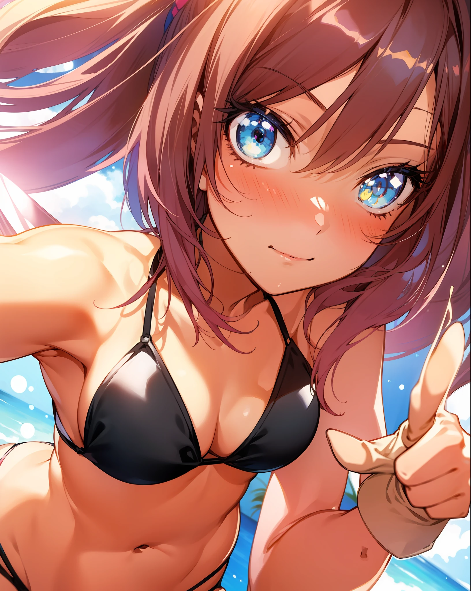 anime girl in a bikini with a thumbs up, seductive anime girl, smooth anime cg art, (anime girl), anime moe artstyle, attractive anime girl, anime visual of a cute girl, | fine detail anime, beautiful anime girl, realistic bikini, ultra hd anime wallpaper, beautiful alluring anime woman, anime best girl, pretty anime girl, beautiful alluring anime