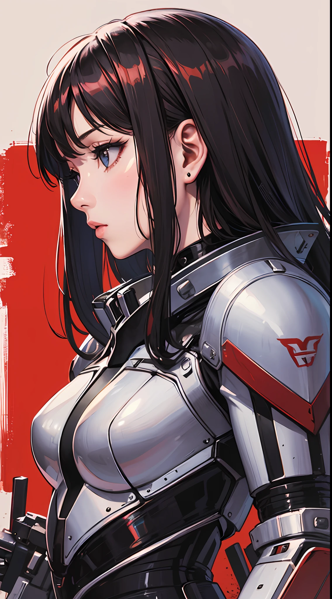 masterpiece,raw photo,best quality,photorealistic,1girl, front view, black mecha, minimalism, red background, simple background, fisheye, masterpiece, top quality, extreme, official art, aesthetic and aesthetic, anime,