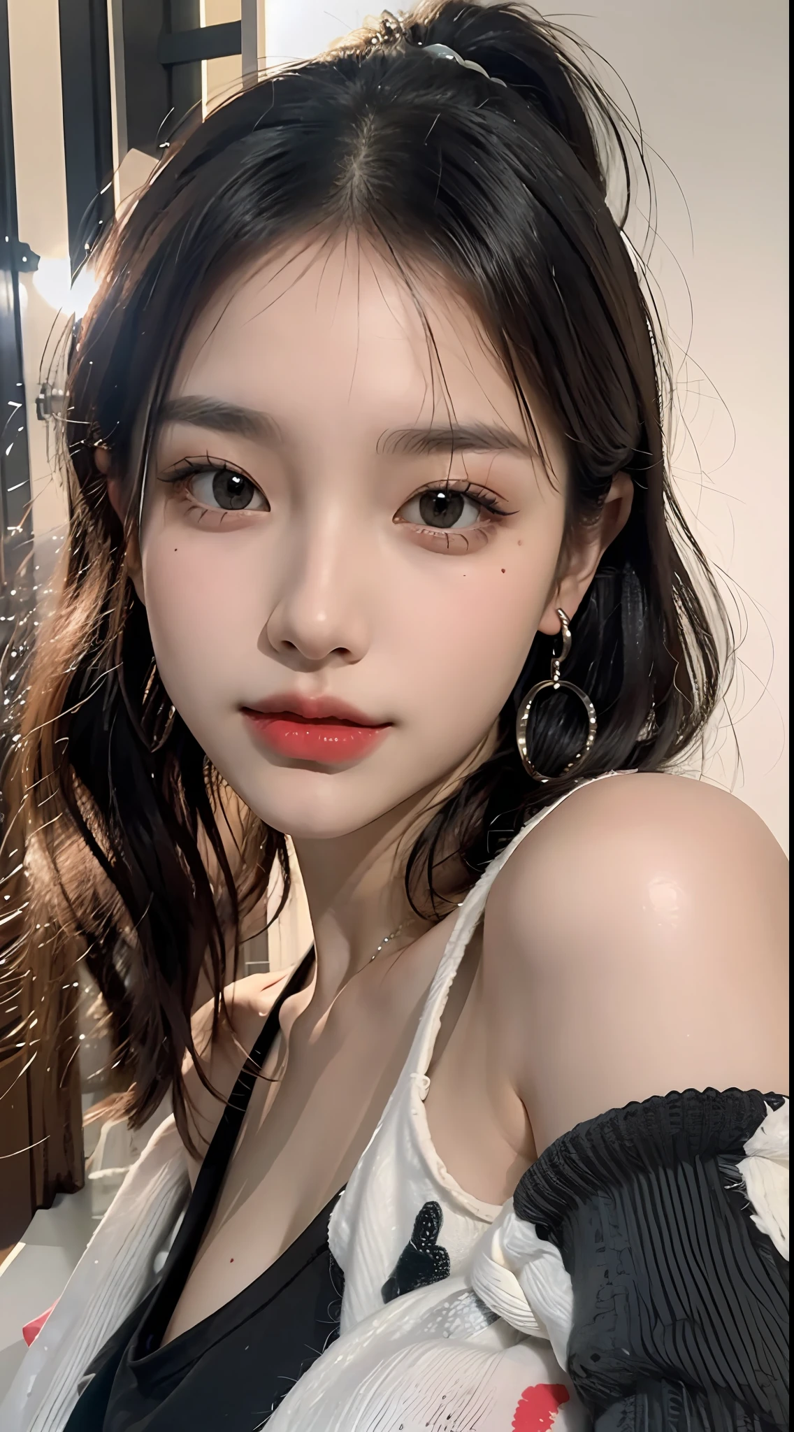 (Obra-prima), the best quality t, 8K resolution, real person, real person, beautiful girl in a white tight T-shirt and black yoga pants, a beauty mole under the corner of her left eye, perfect figure. Her face is depicted in great detail, with her black hair coiled in a double ponytail and a bunch of oblique bangs on her forehead. Her makeup is exquisite, her red lips are greasy, her eyelashes are thick, and she is paired with shiny silver earrings, and her bright big eyes make her more attractive. The whole picture seems to be inspired by movie lighting, showing the image of a cute girl. It is a masterpiece with attention to detail, colorful images and just the right amount of light and shadow details. This extremely delicate beautiful girl takes a selfie with her phone, outdoors. She has soft and fair skin, and her delicate facial features make up a perfect face and beautiful appearance. The paintings are detailed in realistic detail, as if you can feel her presence.
The work is highly realistic and shows the beauty of detail, which is a stunning masterpiece.