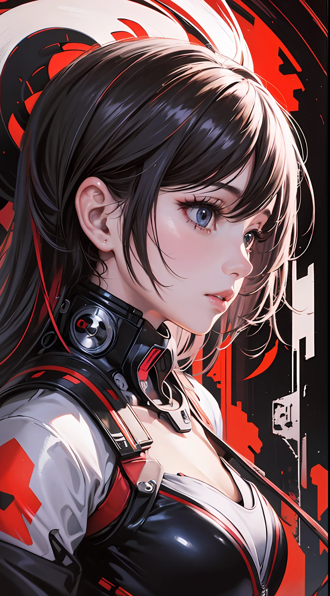 masterpiece,raw photo,best quality,photorealistic,1girl, front view, black mecha, minimalism, red background, simple background, fisheye, masterpiece, top quality, extreme, official art, aesthetic and aesthetic, anime,