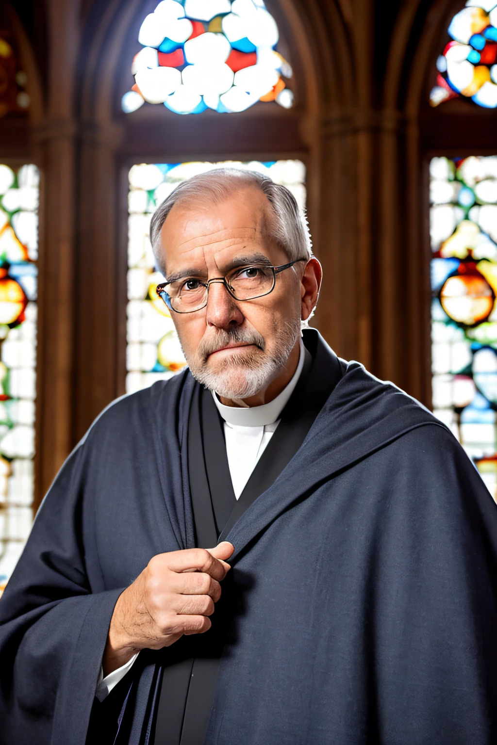 Old priest in an empty moscow cathedral, big gray beard, blue eyes, aged skin, (((full body,)), light coming from windows, diryt monk robes, torn clothes, very serious expression, medieval clothes, landscape shape, front close-up