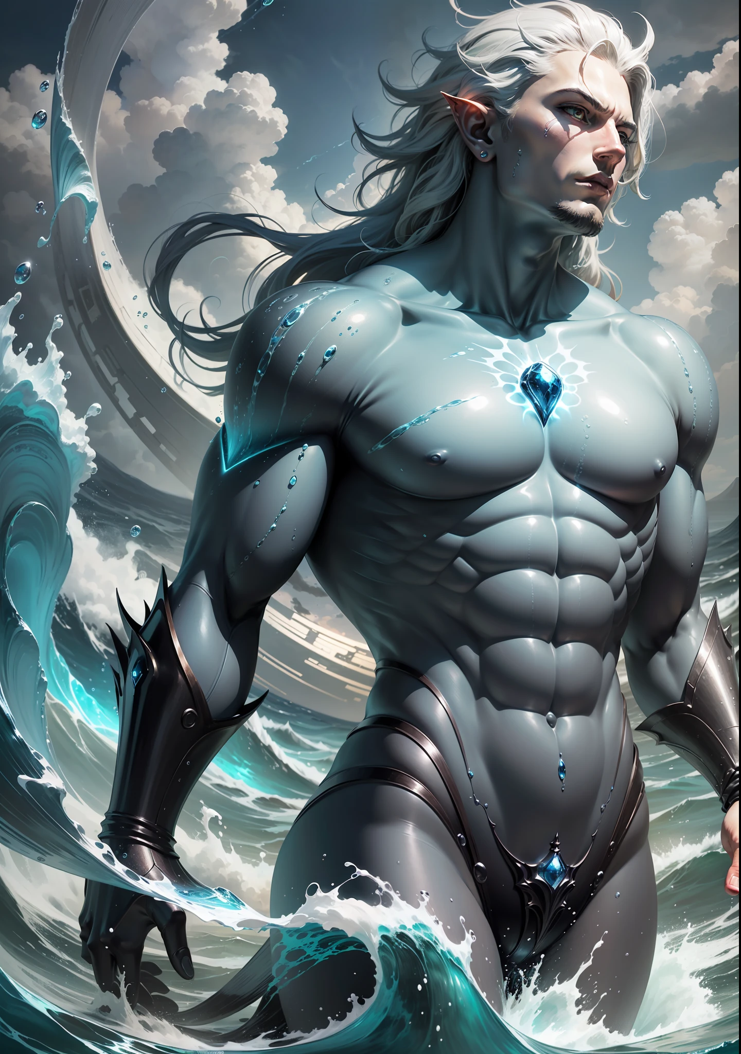 4k realism, (water element, humanoid body made of water: 1.2) sapphire aesthetic, full body, sky background, fantasy art, made of water, body of water, monster, male, male element, masculine, double exposure of otherworldly seascape, fused with the image of Neptune's trident piercing the surface of the water, creating dramatic energy and waves, palatial figures of gods towering in the background, evoking a sense of power and control over the power of the sea, illustrations, digital art