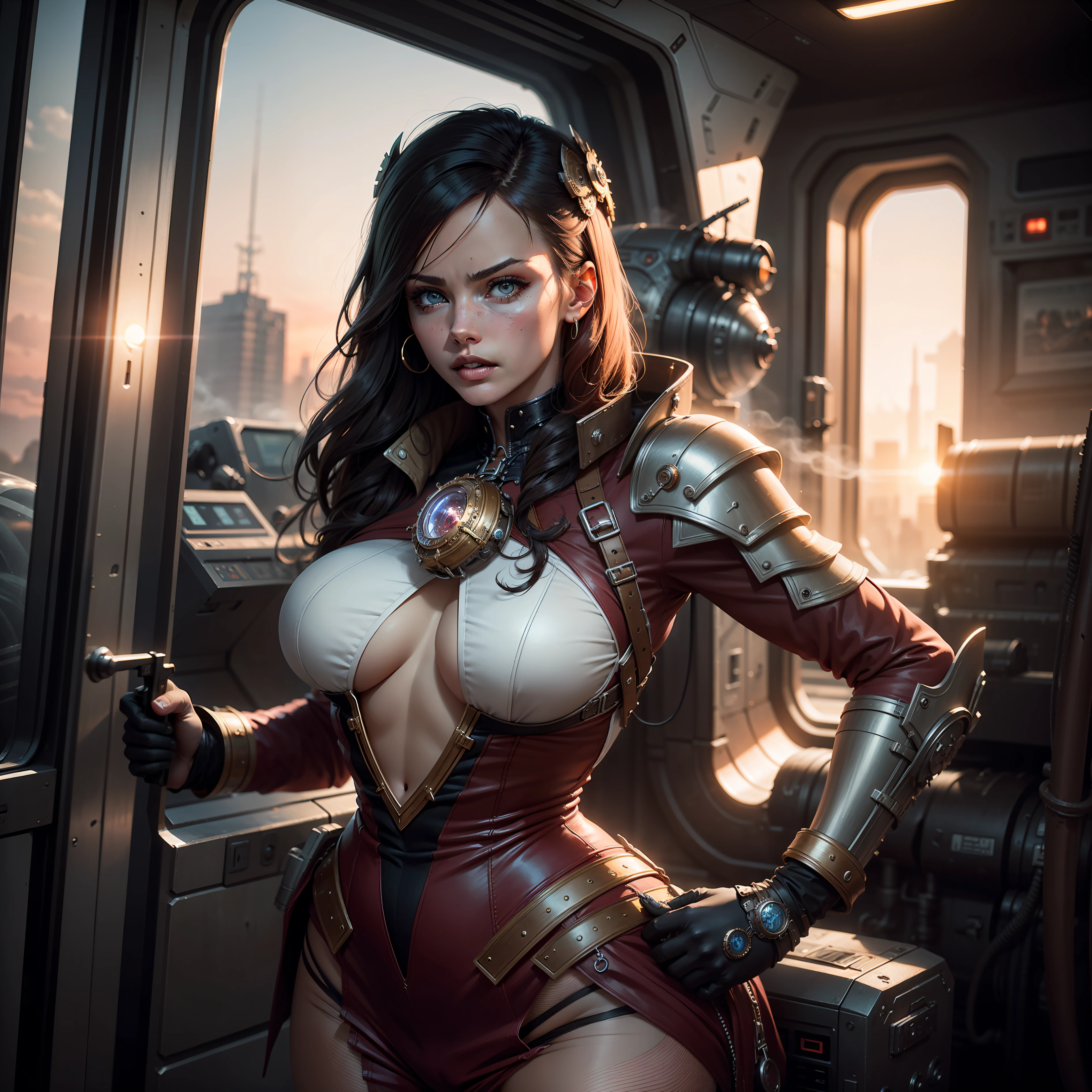 Mesmo prompt: Steam punk warrior woman, hyper realistic, intricately detailed spaceship, hdr, physical stamina, burgundy and white outfit, movie still, sunset