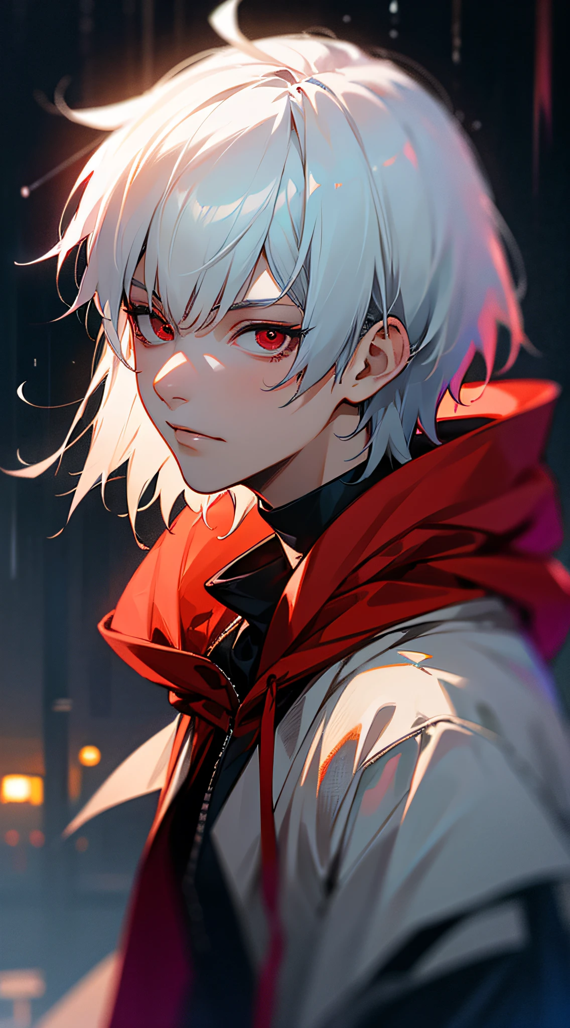 kk, best quality, more details, masterpiece, 1boy, kaneki ken, portrait, male focus, red eyes, solo, bangs, looking at viewer, hood, short hair, rain, tokyo tokyo \(city\), hood up, nail polish, white hair, luxurious, 8k, detailed, ray tracing, depth of field, cinematic lighting, --auto