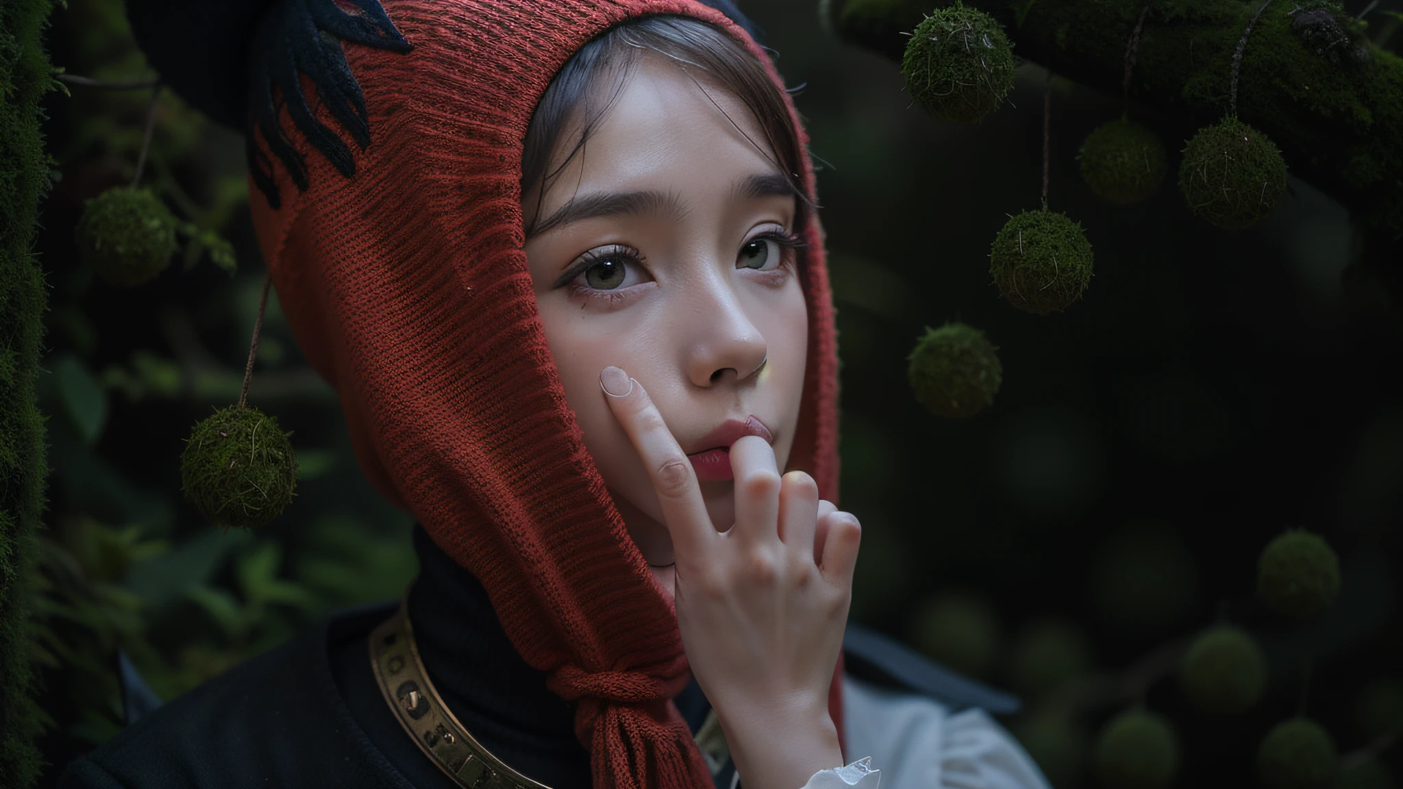 all the head and hat in the moss, antique antique dress with black shoulder puffs and stand-up collar, the background of the forest, the rain