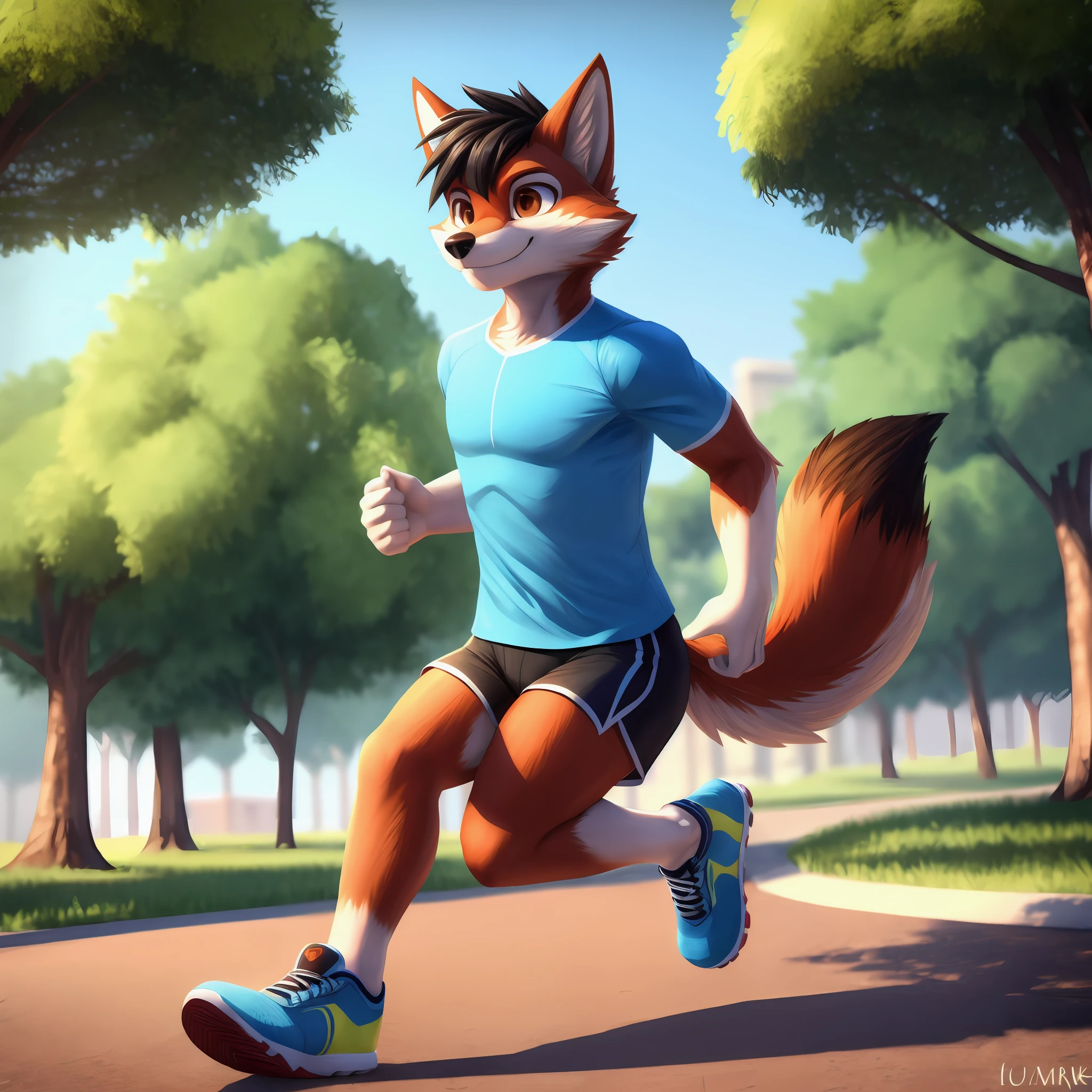 masterpiece, high resolution, high quality, red furred wolf with a black hair and brown eyes, male, wearing a blue T-shir, tight blue running shorts, red running shoes, solo, no group, no double, smile, no logomark, no extra members, at the park, 3D, soft ilumination, soft shadows, running, in the style of Tails Prower