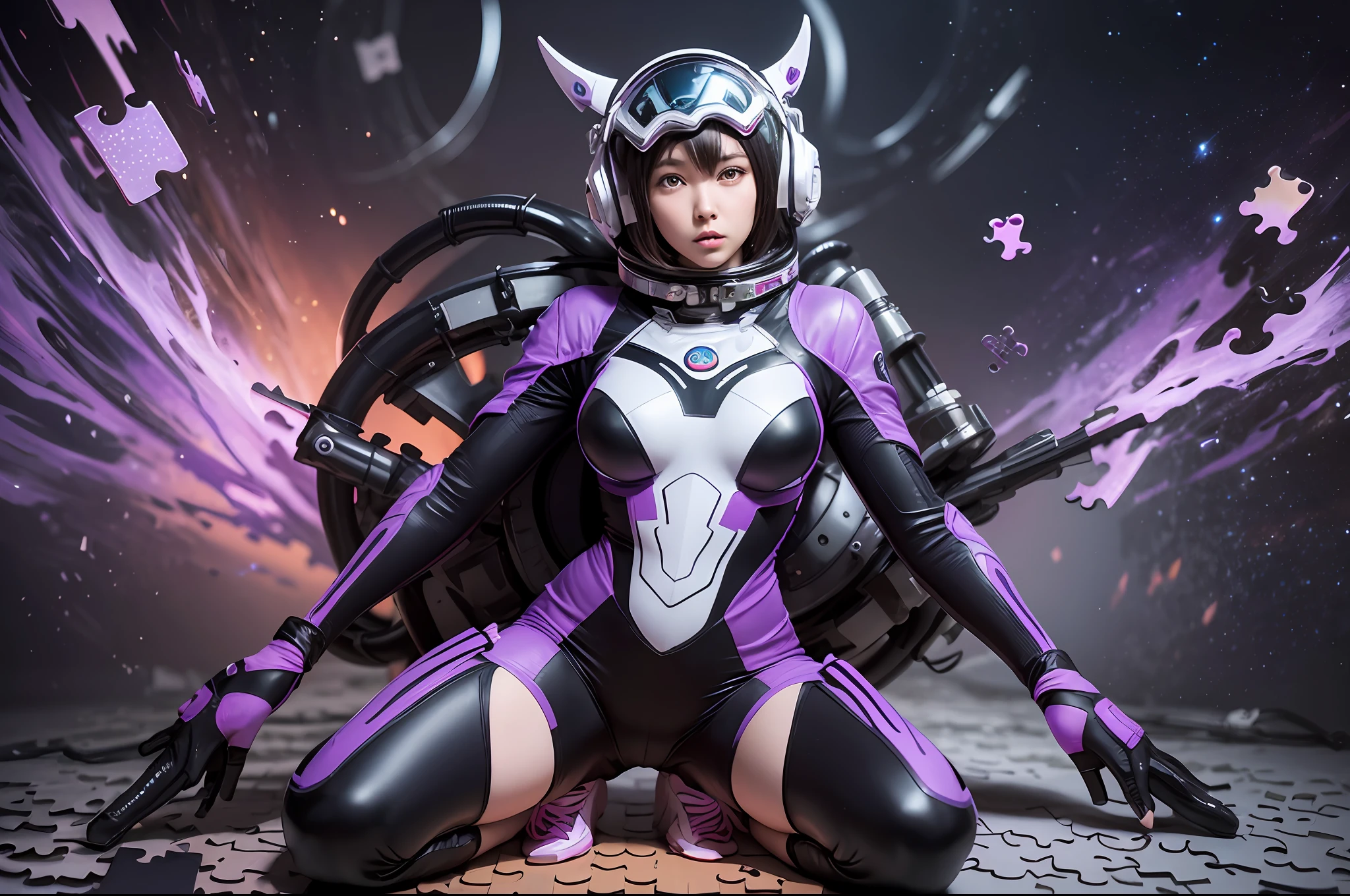 display full body female spacesuit created by HR Giger, ((made from purple jigsaw puzzle pieces)), hyperdetailed, ((breaking apart)), (anime style: 1.5), wide angle, 30k, UHD, --auto --s2