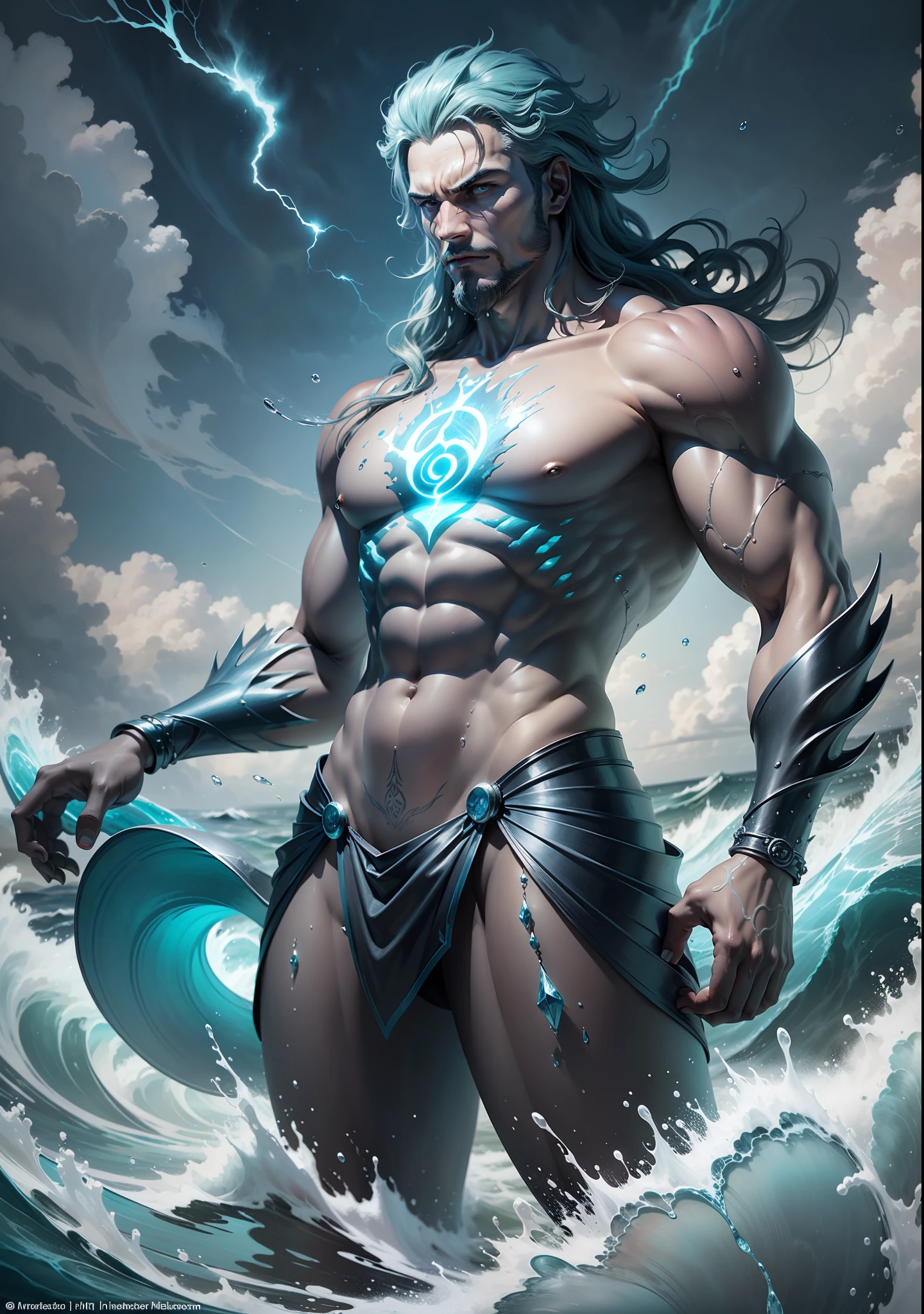 4k realism, (water element, humanoid body made of water: 1.2) sapphire aesthetic, full body, sky background, fantasy art, made of water, body of water, monster, male, male element, masculine, double exposure of otherworldly seascape, fused with the image of Neptune's trident piercing the surface of the water, creating dramatic energy and waves, palatial figures of gods towering in the background, evoking a sense of power and control over the power of the sea, illustrations, digital art