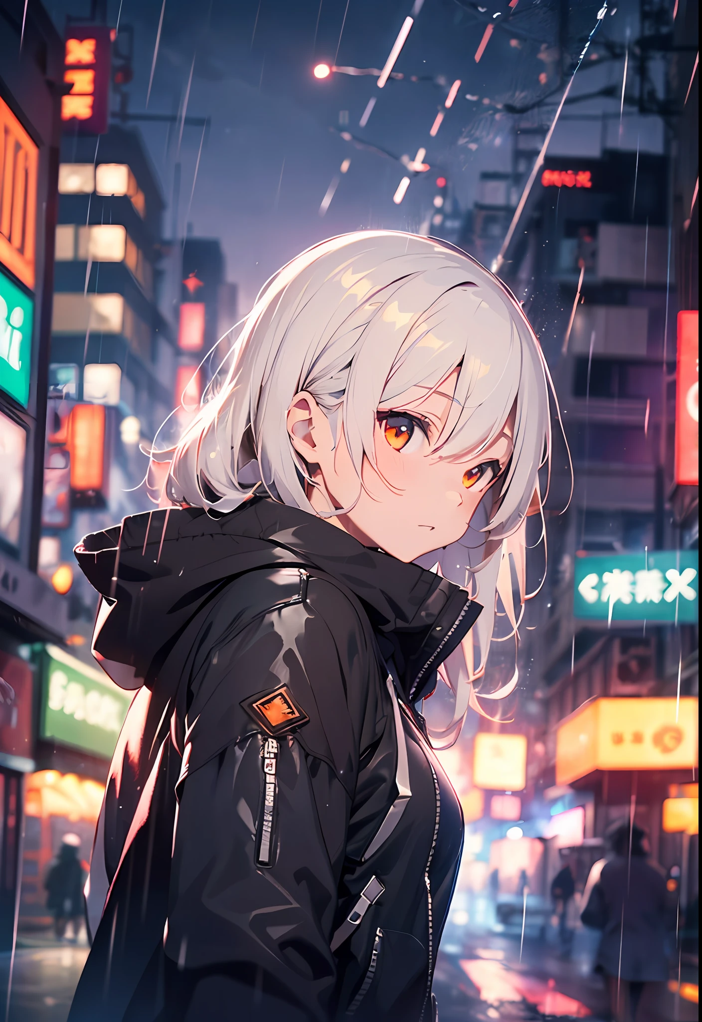 (Ultra detailed:1.3),(grainy:0.8), natural lighting, futuristic city, (raining:1.3), (dark:1.3), (fog:1.2), red lights, orange lights, blue lights AND girl, cape with hood, light logo, [cyberpunk clothing:torn fabric:0.35], red lights, orange lights, menacing, sharp, (pointing weapon at the viewer:1.2),(Cold Colors:0.75)