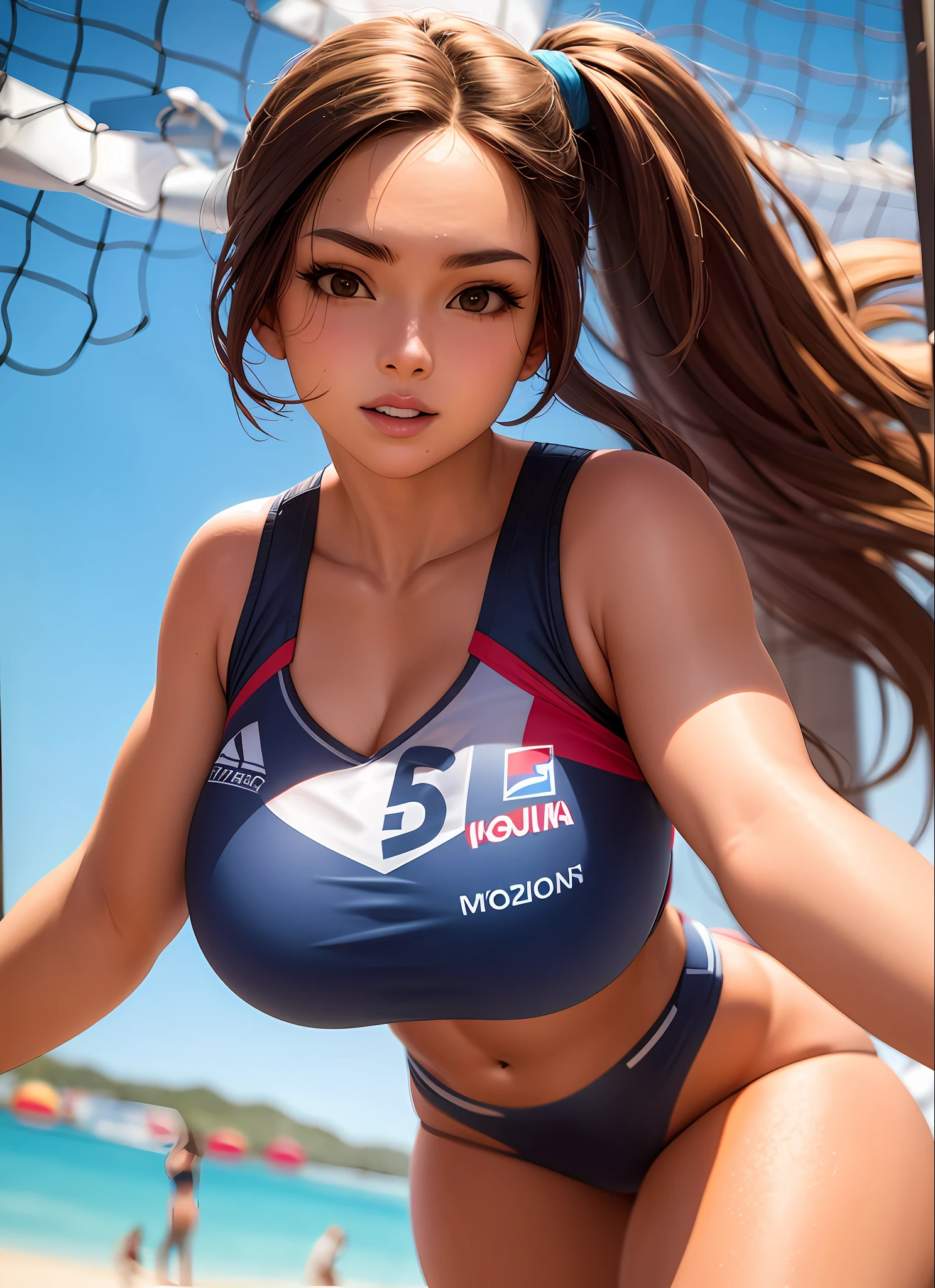 Women's beach volleyball team, big breasts, photography, ultra realistic,