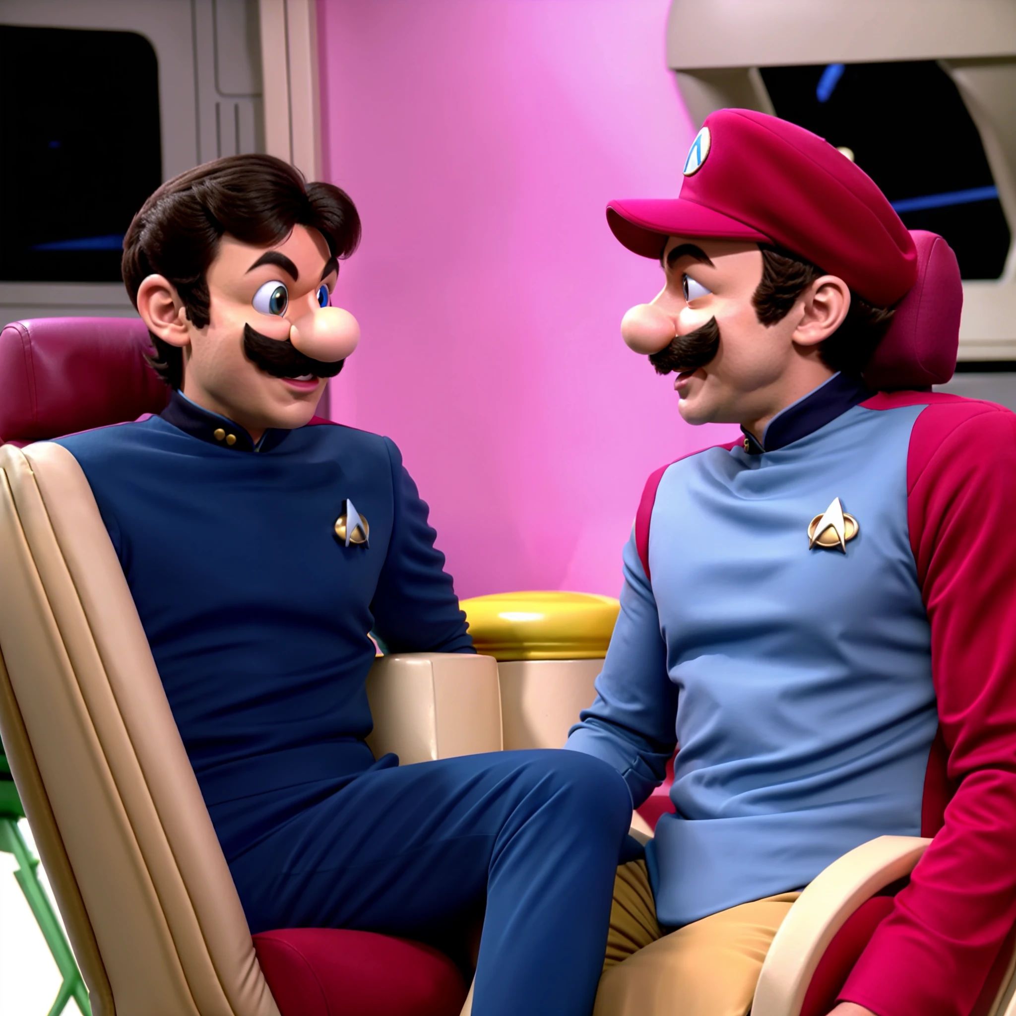 super mario bros super mario in s3sttngsuit uniformt,sitting in a chair on enterprise bridge
