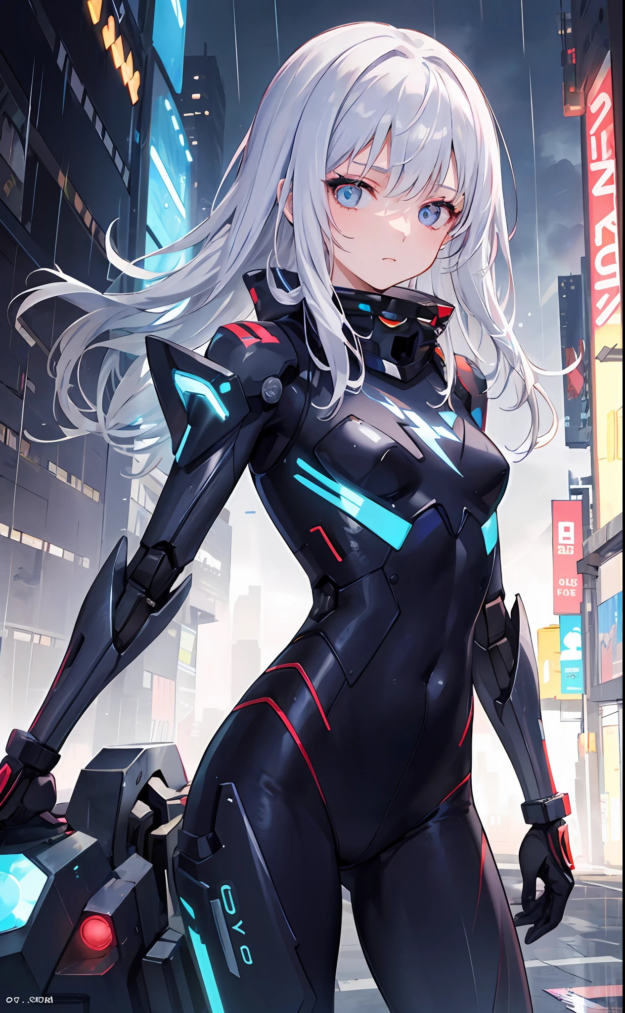 ((masterpiece:1.4, best quality))+, (ultra detailed)+,
1 girl,cyberpunk city,flat chest,wavy hair,mecha clothes,(robot girl),cool movement,silver bodysuit,colorful background,rainy days,(lightning effect),silver dragon armour,(cold face),cowboy shot,