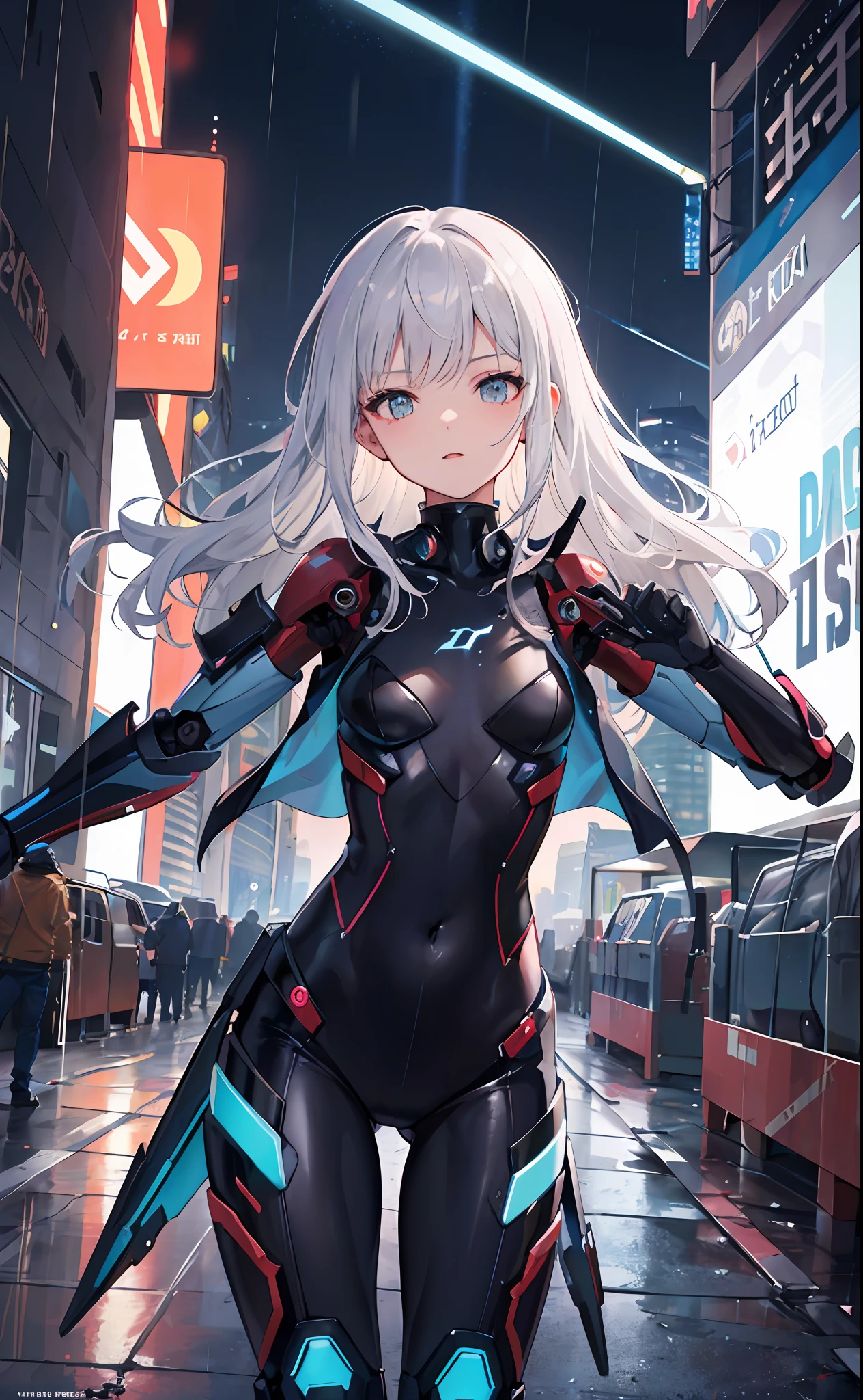 ((masterpiece:1.4, best quality))+, (ultra detailed)+,
1 girl,cyberpunk city,flat chest,wavy hair,mecha clothes,(robot girl),cool movement,silver bodysuit,colorful background,rainy days,(lightning effect),silver dragon armour,(cold face),cowboy shot,