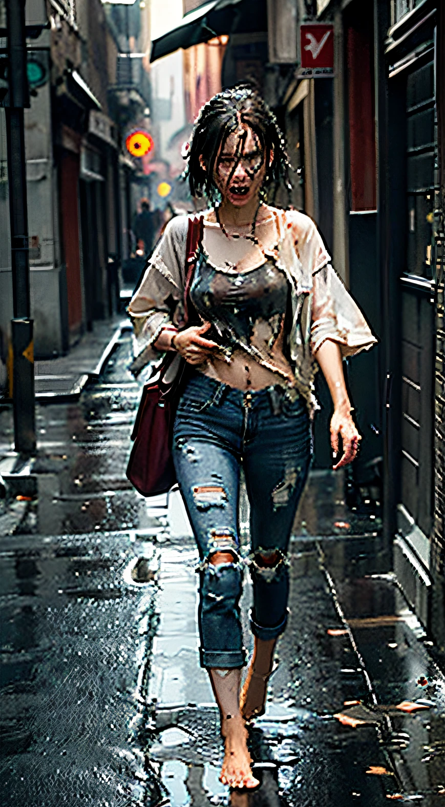 Best Quality, Masterpiece, Ultra High Resolution, (Fidelity: 1.4), Photo, 1 zombie, torn clothes, torn jeans, barefoot, dim, darkness, despair, movie, tears, (torn clothes: 1.5), (wet clothes: 1.4), run-down streets, decadent atmosphere