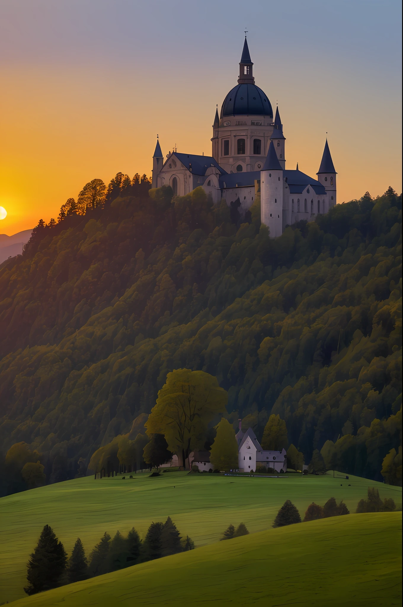 (masterpiece, best quality, high quality, highres: 1.4), detailed, extremely detailed, soft ambient lighting, 4K, landscape, (twilight, setting sun, darkening of the sky: 1.3), baroque church on the mountain, mountains in the background, with gentle slope, straight trees, ppr of the sun, clear fantasy, gothichorrorai