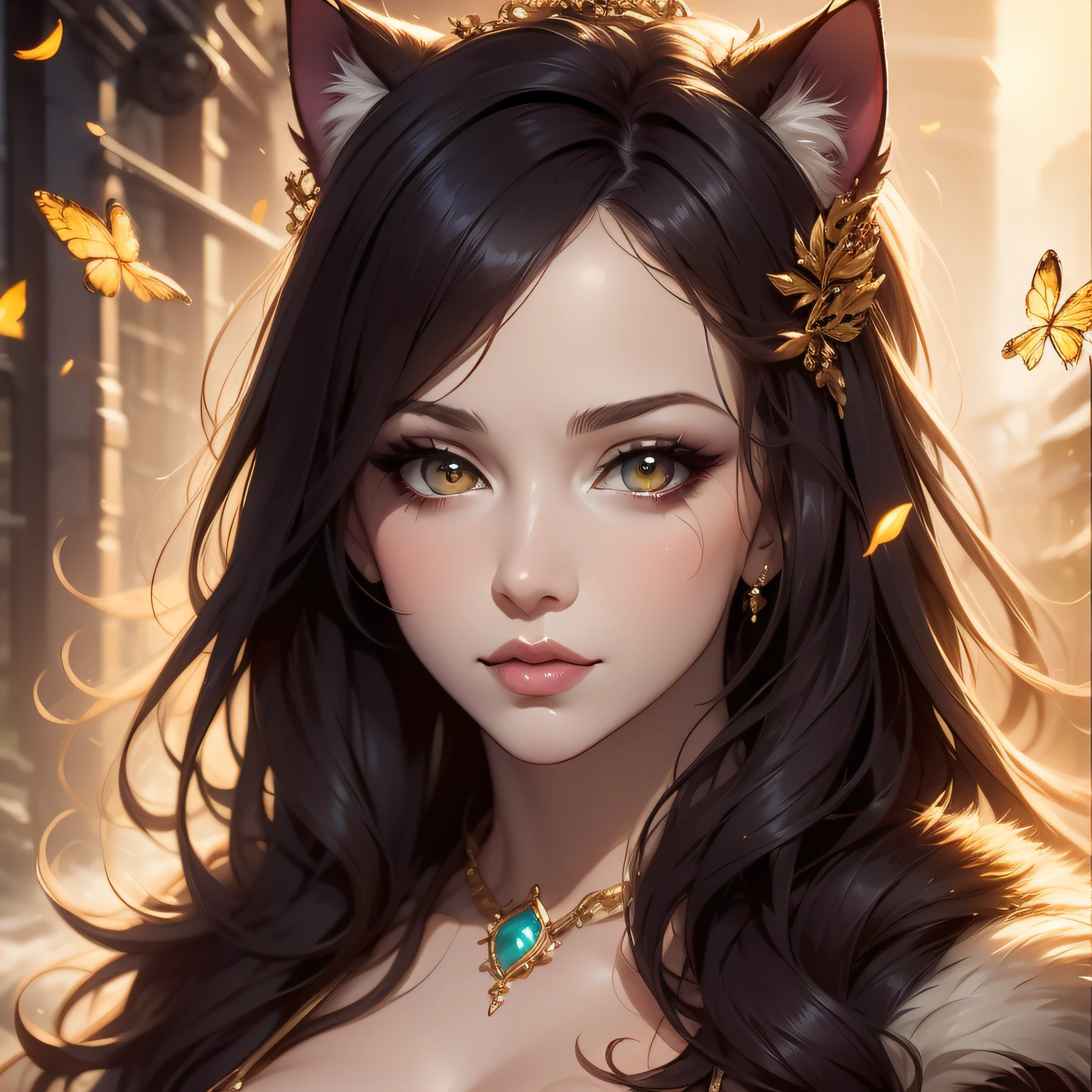 Beautiful Wolf Goddess!! Woman!!! Covered In Fur With Detailed Feline Features In A Snowy Jungle With Illuminating Fireflies, Wearing A Crown, Tail; By Anna Dittmann, Magical, Colorful, Wlop, Digital Painting; (Beyonce)!, Fur, Face Shot, Ross Tran, Semirealistic Face, Greg Rutkowski, Street Fighter, Detailed, Face Shot, Looking At Viewer, Snub Nose, Full Lips, Sharp Focus, Fit, Realistic, Closed Mouth, Full Lips, Style Of Watercolor, Soft Edges, Color Gradations, Luminous, Water Pigment, Pierre-Joseph Redouté, Thomas Moran, JMW Turner