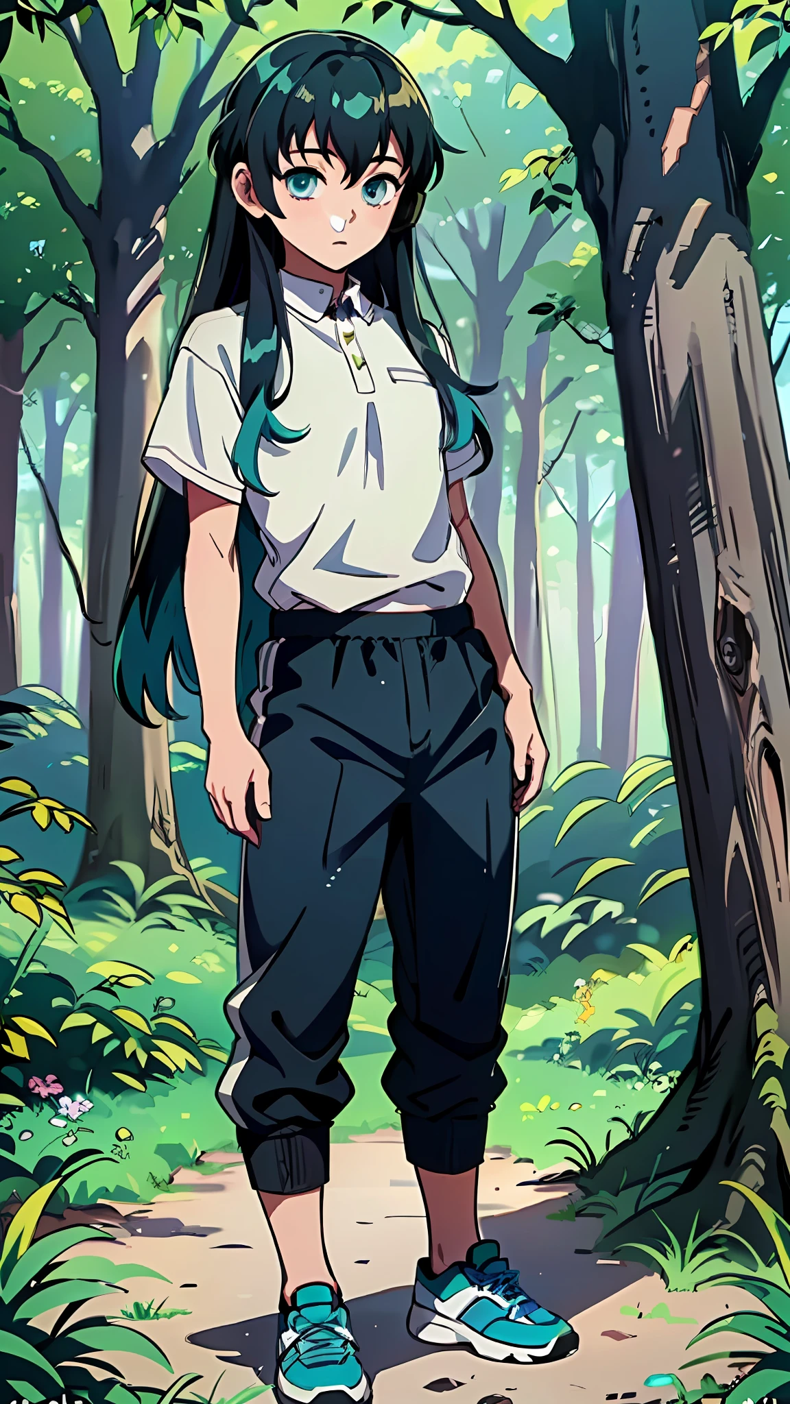 (masterpiece) (best quality) (shiny hair) (shiny skin), Best Quality, (1boy:1), Solo, Long hair, Show Viewer, Bangs, Black hair, Aqua Eyes, Multicolored hair, Tokito_Muichirou, Male focus, Athletic clothes, Shed, Forest, headphones, Boys, No breasts, 5 years old, Long pants, Pants,