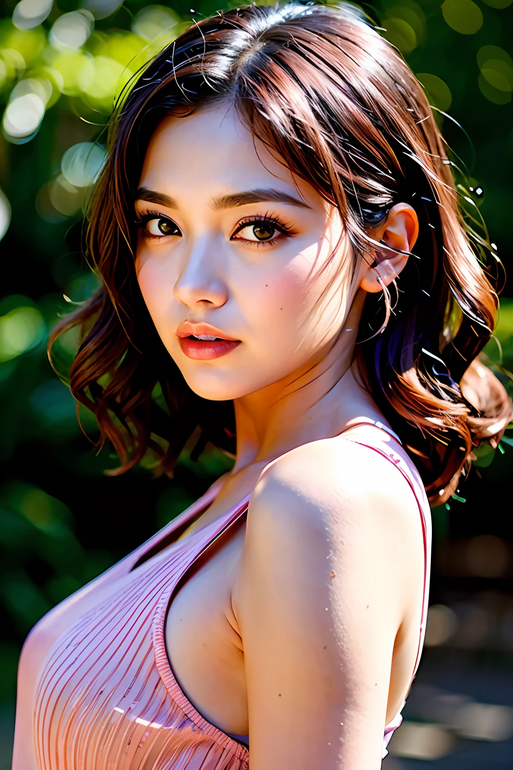 (8K, HDR, highres), ((((Photography, RAW photo, hyperrealism, masterpiece, best quality, ultra highres)))), (pin light, back light, backlighting, cinematic light), sharp focus:1. 4, (hyper detail, finely detailed), face close-up, close-up,
1girl, A face shaped like an egg, with large and beautiful cat-like eyes, a cute and button-like nose, small and pretty plump lips, thick eyebrows and long and beautiful eyelashes. The overall makeup is transparent, with a touch of pink on the cheeks and sparkling lip gloss. The hairstyle is long with wavy waves.