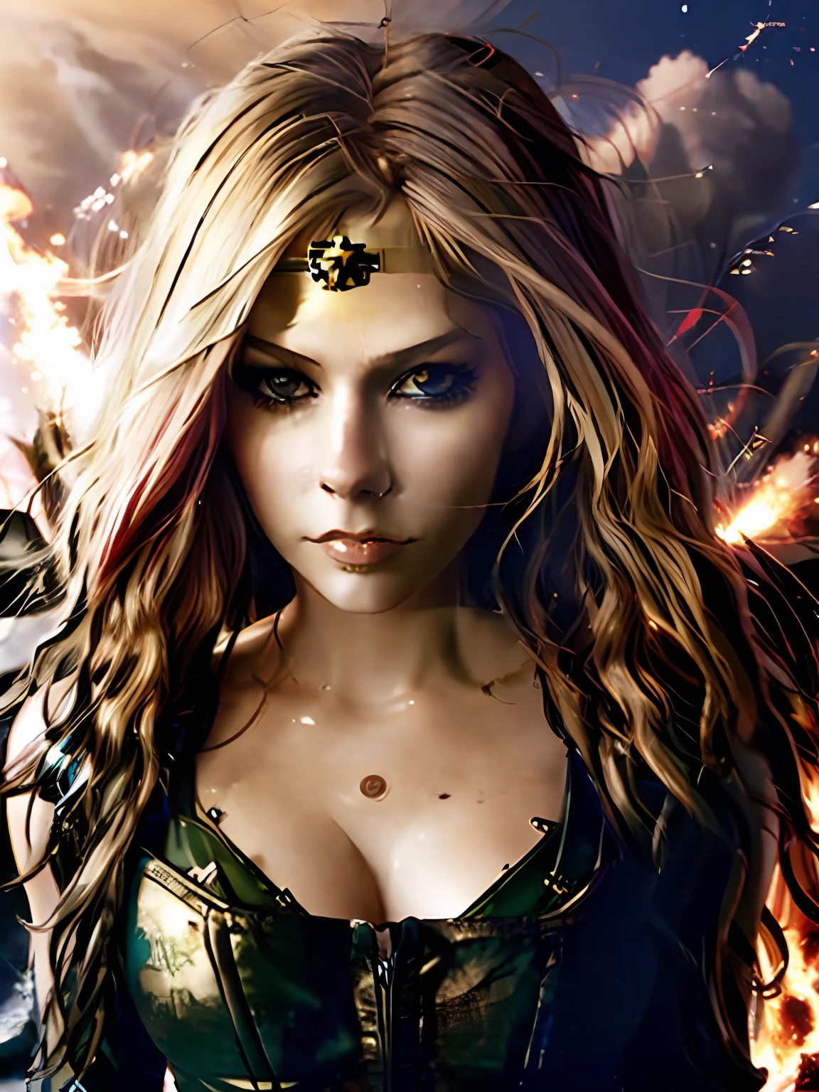 avril lavigne as Wonder Woman, (flying),tanks and soldiers of World War II with explosions, red sky, action scene, tight suit, miniskirt, very high quality RAW photography, detailed background, intricate, exquisite details and textures, highly detailed, ultra detailed photography, warm lighting, art station, 4k, sharp focus, high resolution, detailed skin, detailed eyes, 8k uhd, dslr, high quality, film grain, Fujifilm XT3,