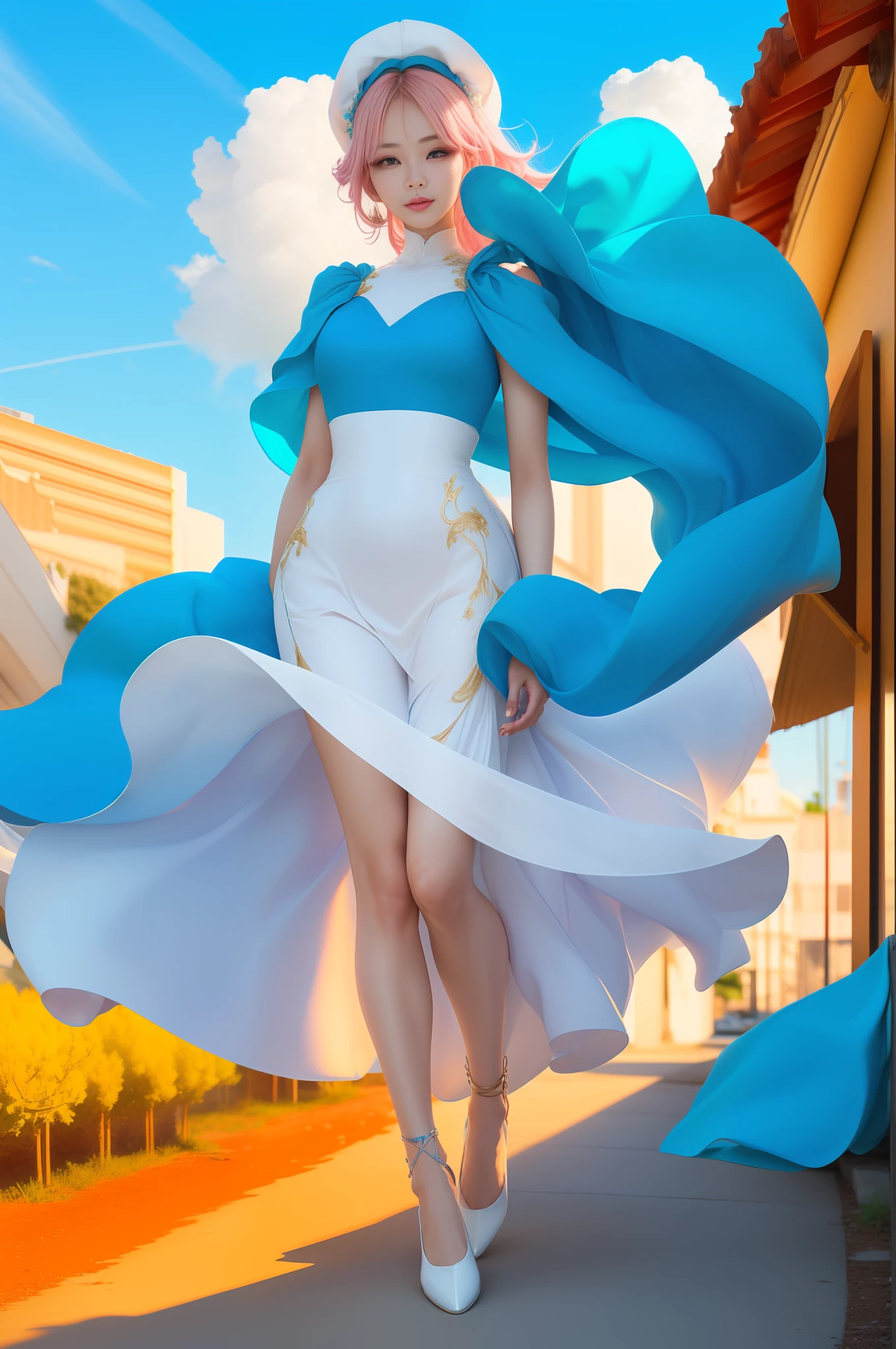 (8k, RAW photo, photorealistic:1.25) ,( lip gloss, eyelashes, glossy side, shiny skin, best quality, ultra high resolution, depth of field, chromatic aberration, caustic, wide light, natural shadow, headwear, kpop idol) ,light pink and blue style, 1girl, (blue sky: 1.5), tall and thin beauty goddess, flowing dress, conservative girl, cloud goddess, flowing white fabric, wearing a flowing dress, realistic, (background with blue sky and white clouds: 1.4), (wind: 1.5), (full body: 1.5), right leg in front, (reasonable hand)