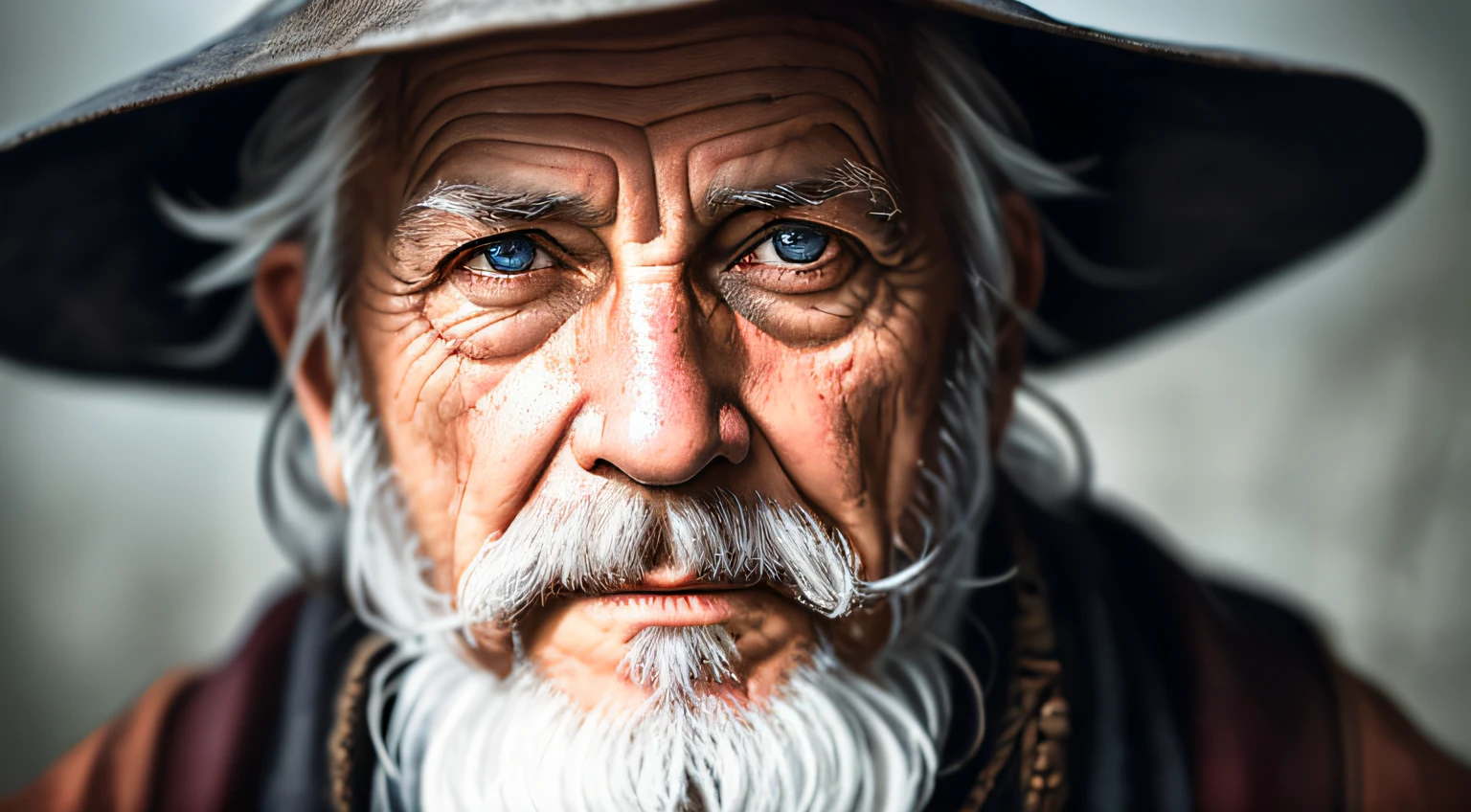 A portrait of a wizard, bearded, wrinkled, weathered, with piercing eyes, detailed face, high details, photography, dark studio, rim light, Nikon D850, 50mm, f/1.4