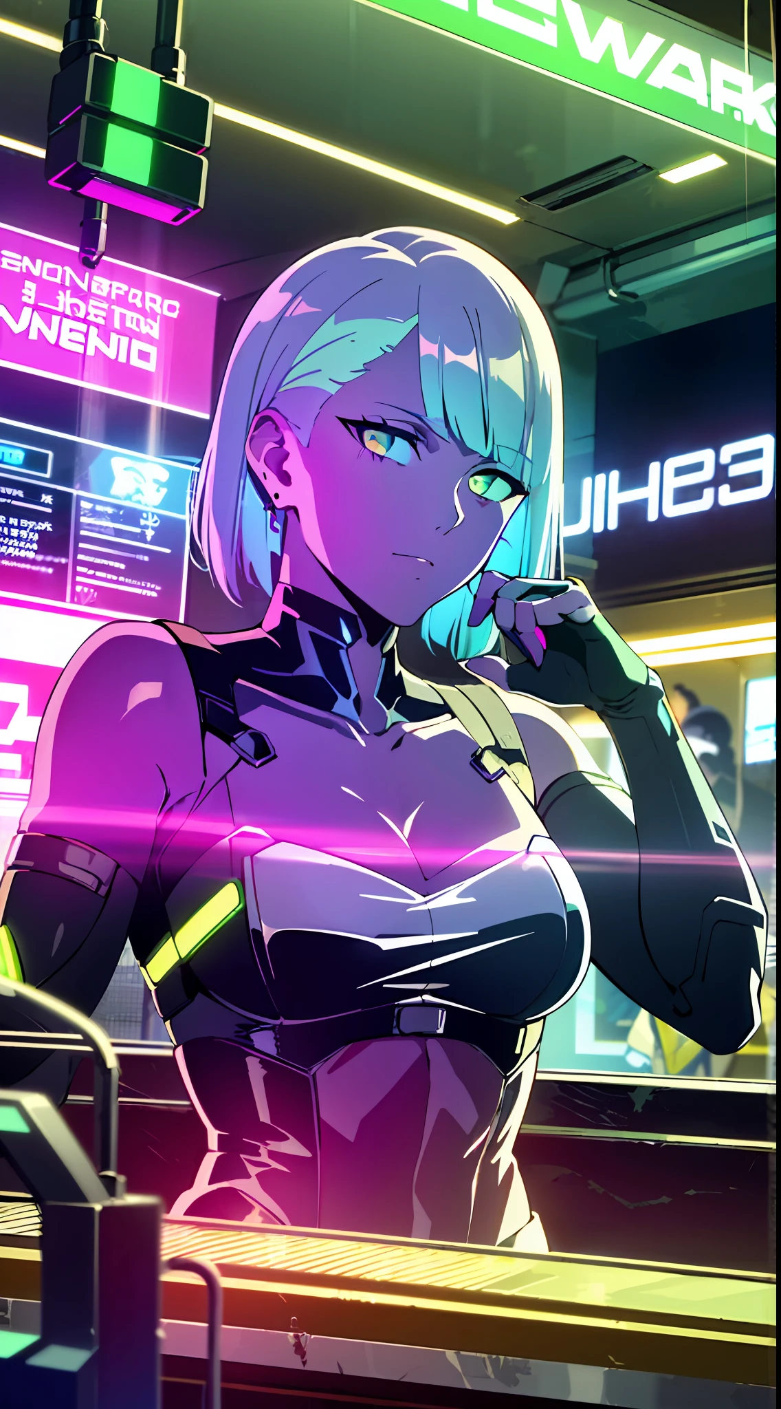 (masterpiece, detailed, high resolution:1.4), cyberpunk, cyberpunk 2077, neon background of cyberpunk night city, on the train behind the bar, metal cybernetic silver hand in the foreground in the frame, green-blue glitch effect around the arm, purple-pink neon glow, Lucy, torso, fluorescent yellow, light green, purple, mint