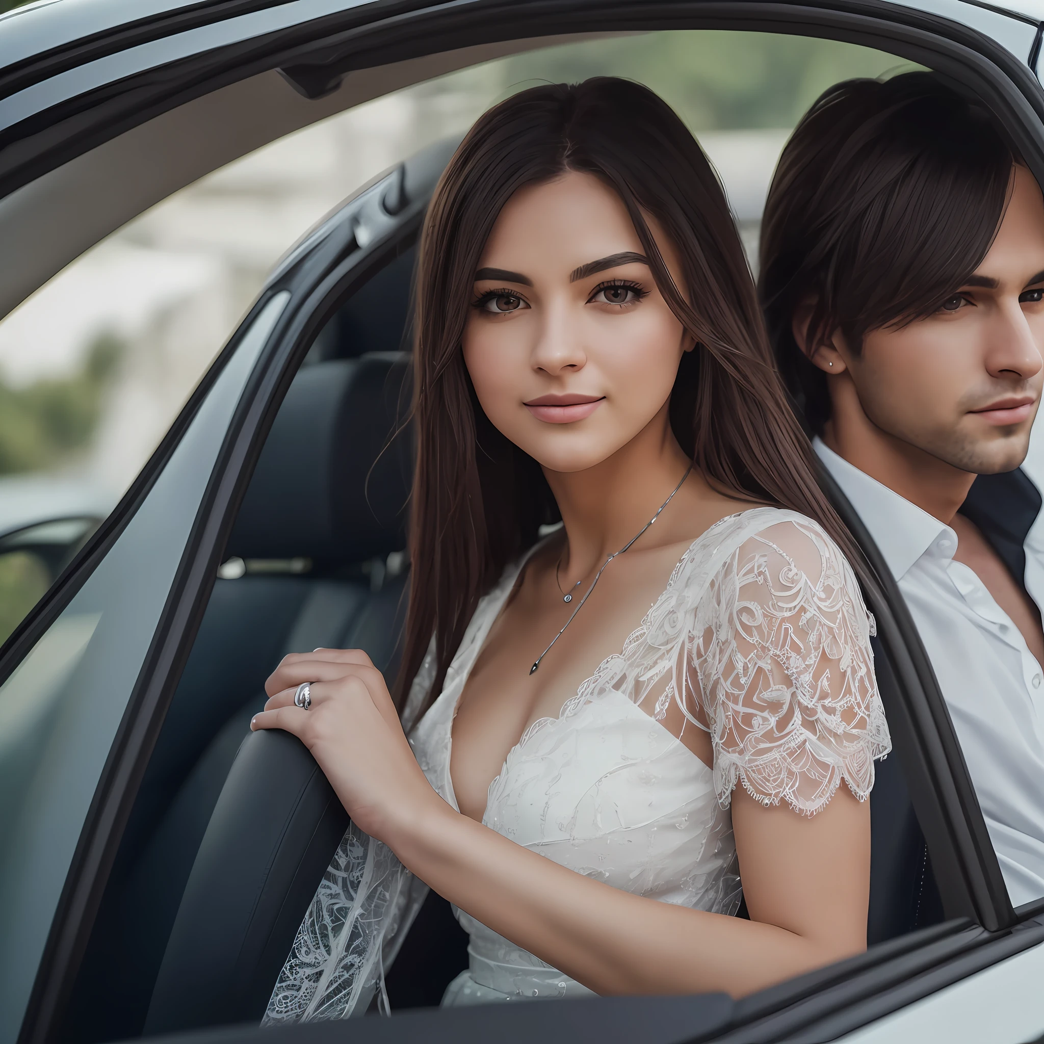 (8k, RAW photos, top quality, masterpieces: 1.2), ultra detail, super resolution, (realistic, real photos: 1.37), (photorealistic: 1.6), portraits, high-resolution RAW color photos, professional photos, highly detailed and beautiful, couples, lovers, men and women, idols, in the car - --auto