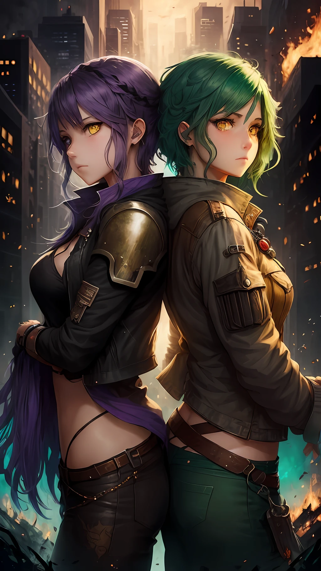 An RPG-style girl with green hair and yellow eyes, and another girl with purple hair in green eyes. They have their backs to each other, in the background there is a city on fire --auto