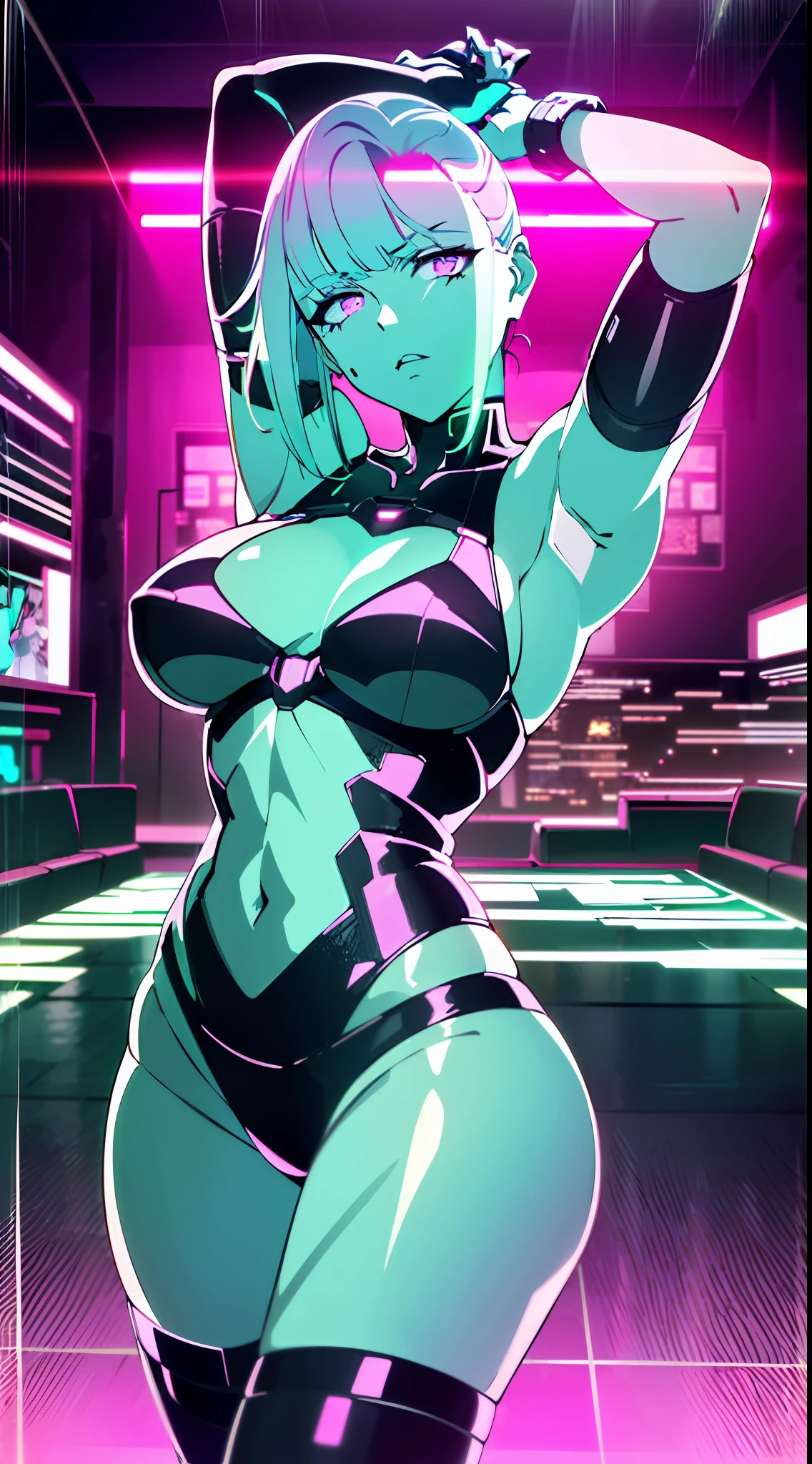 (masterpiece, detailed, high resolution:1.4), cyberpunk, cyberpunk 2077, cyberpunk night city neon background, in a club, on the dance floor, metal cybernetic silver, heart in the foreground in the frame, green-blue glitch effect around the arm, purple-pink neon glow, Lucy, torso, fluorescent yellow, light green, purple, mint