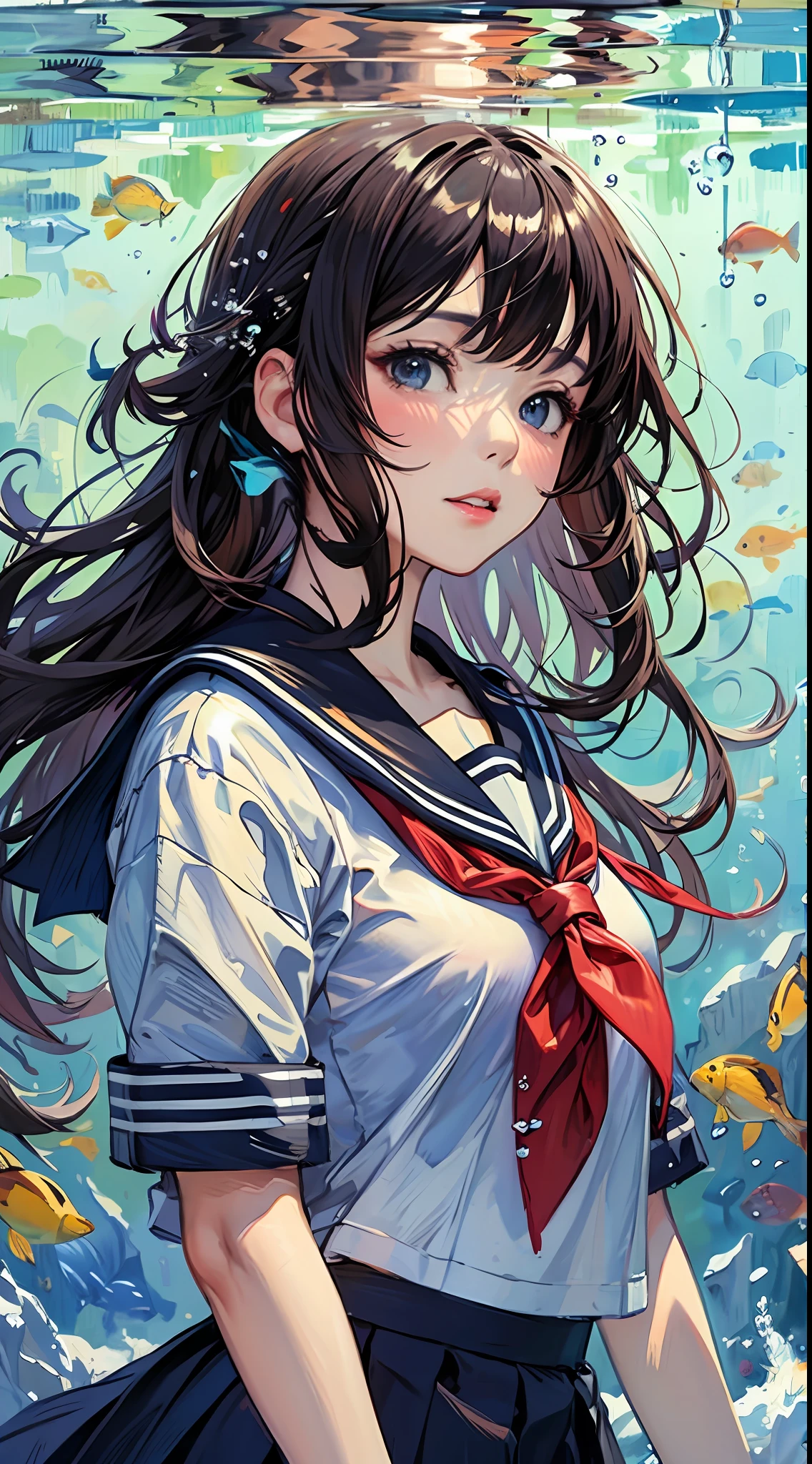 bubble,rating:safe,air_bubble,underwater,1girl,fish,long_hair,submerged,school_uniform,serafuku,solo,water,skirt,neckerchief,short_sleeves,(Impressionism:1.4),