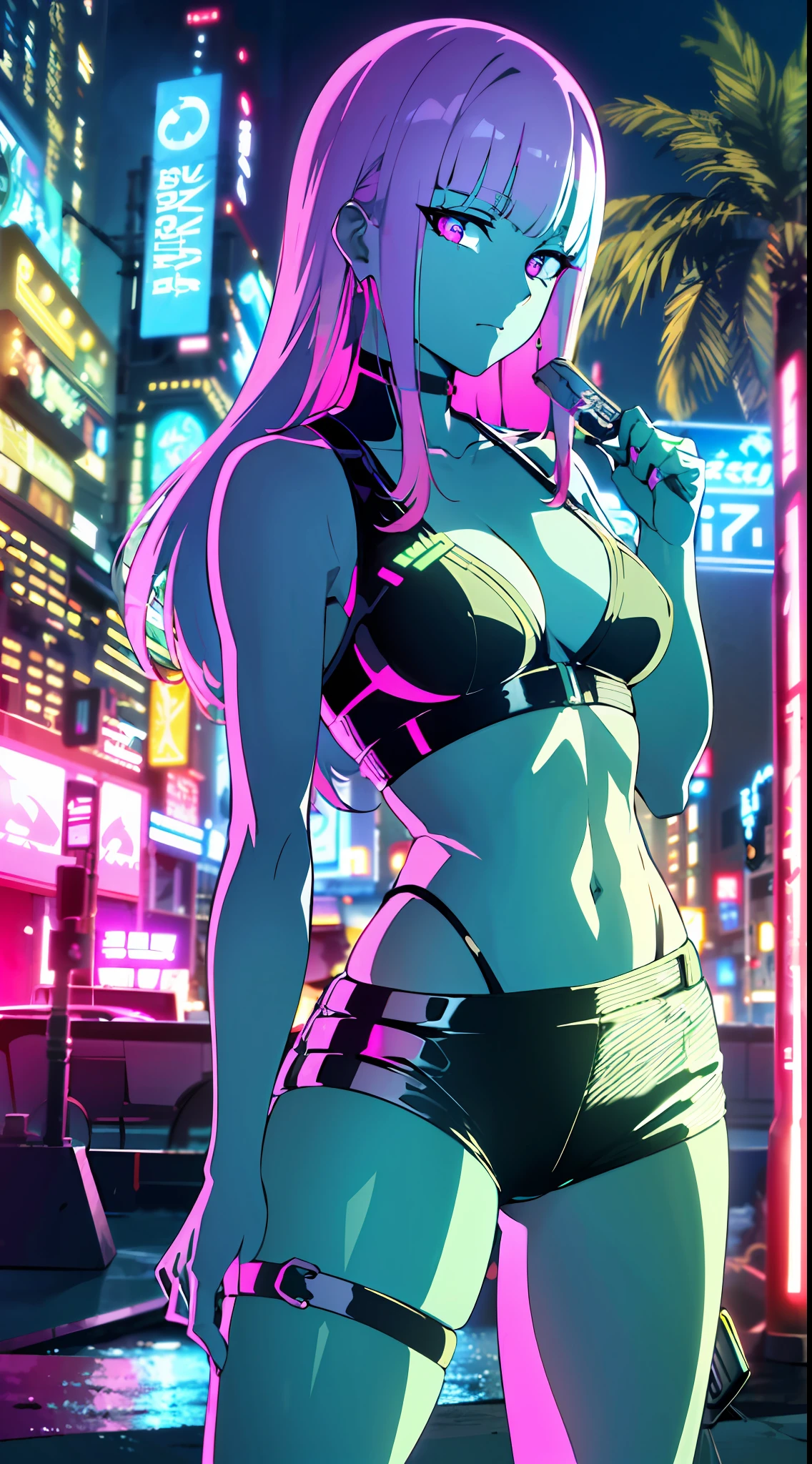 (masterpiece, detailed, high resolution:1.4), cyberpunk, cyberpunk 2077, cyberpunk night city neon background, sea, beach, palm trees, green-blue glitch effect around the arm, purple-pink neon glow, lucy, torso, fluorescent yellow, light green, purple, mint