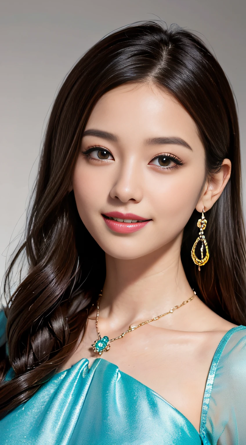 Real people, highest image quality, masterpiece, exquisite CG, highest resolution, ultra-clear picture quality, delicate facial features, peerless beauty, delicate and beautiful facial features, cute girl, red wavy curly hair, bow hairpin, oily red lips, sweet smile, smile, smile without teeth, delicate skin, shiny, moisturized skin, blushing face, pure, close-up, single, necklace, earrings, not exposed, dynamic action, (gorgeous long dress with round neck), skirt full of lace, bust, Rating: Safe