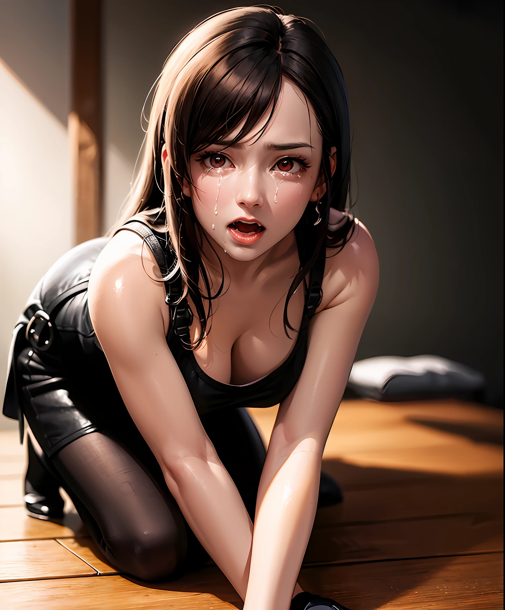 (Photorealistic: 1.4), highest quality, very delicate and beautiful, high resolution, bright skin, skin illuminated by white light, face bright, ((Nothing on dark background)))), (1girl: 1.3), tifa_lockhart, full body, (ripped clothes: 2), black hair, long hair, elbow gloves, beautiful detailed red eyes, face light, (close-up: 1.1), ( Anime-like realistic mature woman), (ridiculous climax, red eyes, upper body, top-down view), (erotic kneeling: 1.5), ((crying, climaxing, screaming: 1.4)), yellow liquid on the floor, a large amount of yellow liquid dripping from the crotch, brownish rod-shaped liquid dripping from the annus