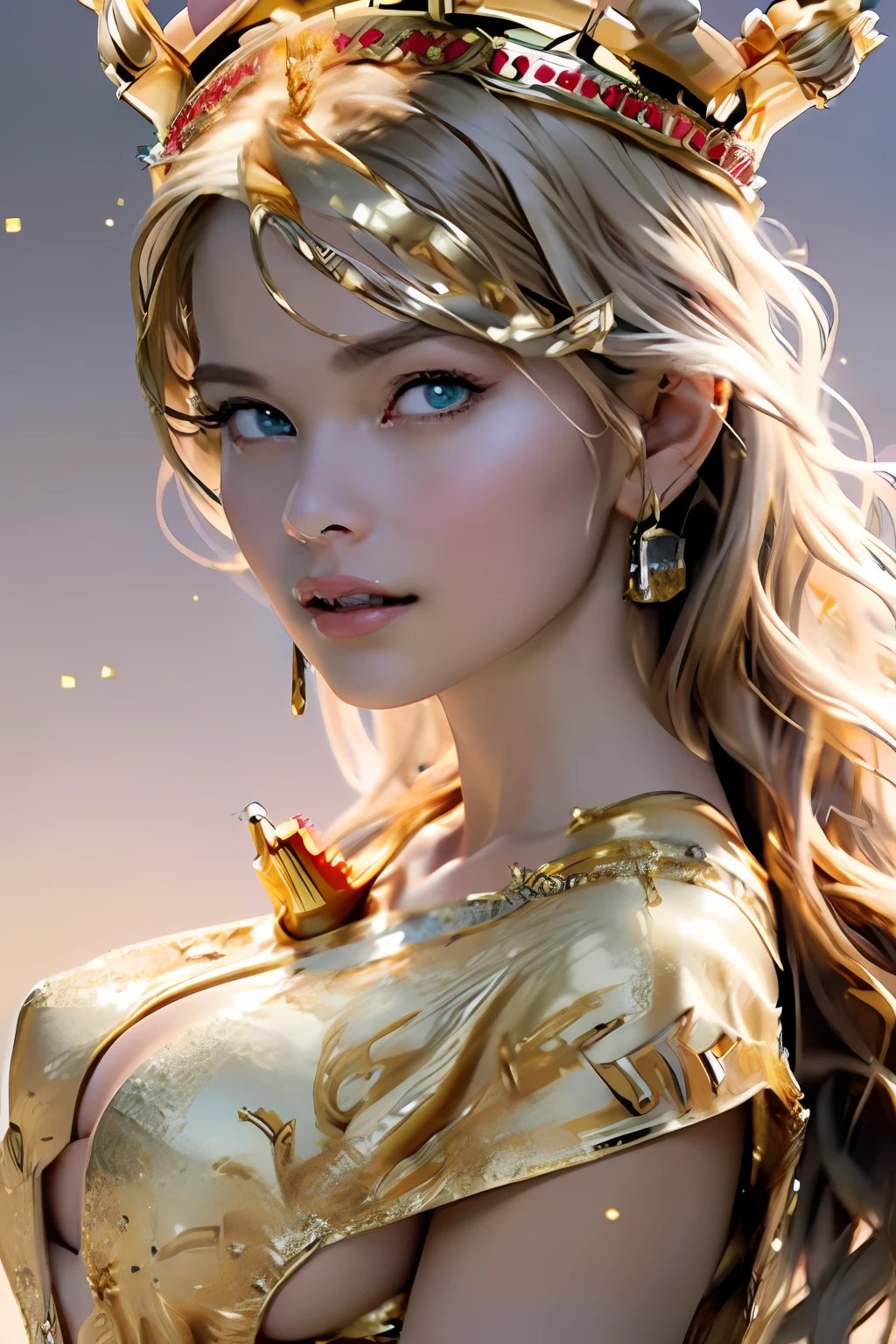 Ultra-detailed complex 3D rendering of the face, (masterpiece, top quality, octane rendering,), glamour shots, full body image, very beautiful young elves, cleavage, (highly detailed skin: 1.2), (exposure: 1.1), ((gold micro bikini studded with jewels: 1.95))))). 40k, (((very soft breasts)), (((noticeable large pink areola)), beautiful Caucasian woman with full soft breasts and dark skin with big buttocks, one, long braided hair, big breasts, dynamic angle, (((huge breasts: 2.4)), ultra-realistic photos, ((((blonde))), futuristic urban background, facial muscles, (((((detailed and glamorous gold crown)))), In the style of Marvel Comics, ArtStation Trends, Clear Focus, Intricate Detail, Highly Detailed, Detailed Red Eyes, Very Detailed, Sharp Focus, Digital Rendering, Professional, Abs, Lip Gloss, Glossy Skin,