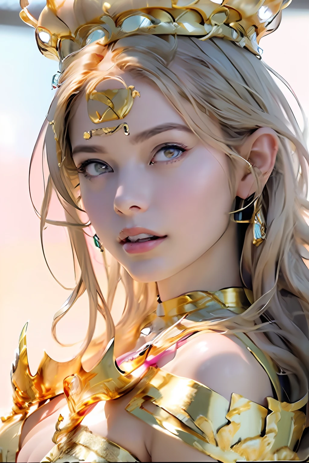 Ultra-detailed complex 3D rendering of the face, (masterpiece, top quality, octane rendering,), glamour shots, full body image, very beautiful young elves, cleavage, (highly detailed skin: 1.2), (exposure: 1.1), ((gold micro bikini studded with jewels: 1.95))))). 40k, (((very soft breasts)), (((noticeable large pink areola)), beautiful Caucasian woman with full soft breasts and dark skin with big buttocks, one, long braided hair, big breasts, dynamic angle, (((huge breasts: 2.4)), ultra-realistic photos, ((((blonde))), futuristic urban background, facial muscles, (((((detailed and glamorous gold crown)))), In the style of Marvel Comics, ArtStation Trends, Clear Focus, Intricate Detail, Highly Detailed, Detailed Red Eyes, Very Detailed, Sharp Focus, Digital Rendering, Professional, Abs, Lip Gloss, Glossy Skin,