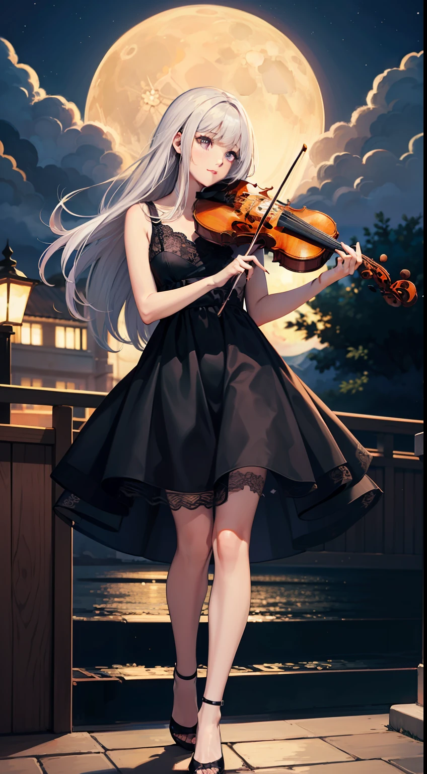 masterpiece, best quality, 1girl, full body,white hair,long hair,purple eyes, slim body,slim legs,playing violin, night,moon,shootig star,cloud,lakeshore,
black red dress, lace,
8k
