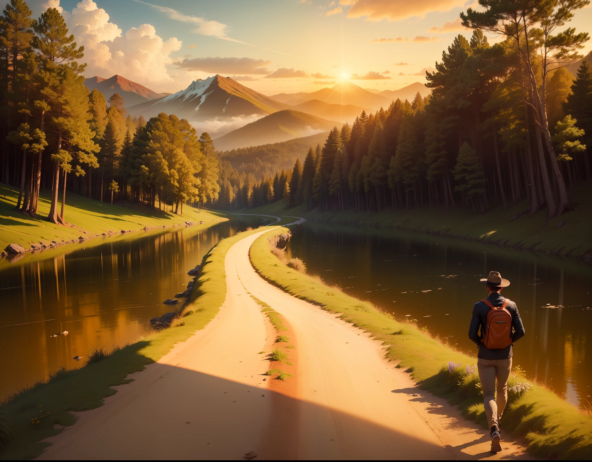 man, landscape, nature, mountains, paths, path, path to heavens, palm trees, alone, alone, straight path, natural view, divine, clouds, cloud, heavens, sky, sun, detailed sky, path to, back, manly, manly, manly, vigorous, strong, well dressed, tunic, decent, walk, run, path, beauty path, life path, nature, beautiful place, paradise, back, walking, sky, God, Heavens, nature, nature, forest, forests, straight path, towards the heavens, heavenly, looking straight path, towards photorealism, photorealistic, ultra hd, 4k, detailed textures, futuristic colors, detailed colors,
