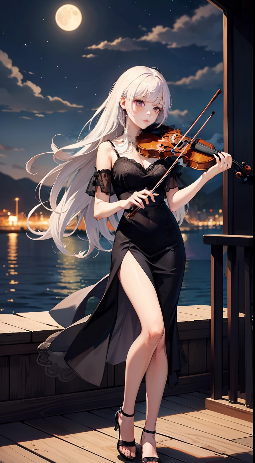 masterpiece, best quality, 1girl, full body,white hair,long hair,purple eyes, slim body,slim legs,playing violin, night,moon,shootig star,cloud,lakeshore,
black red dress, lace,
8k